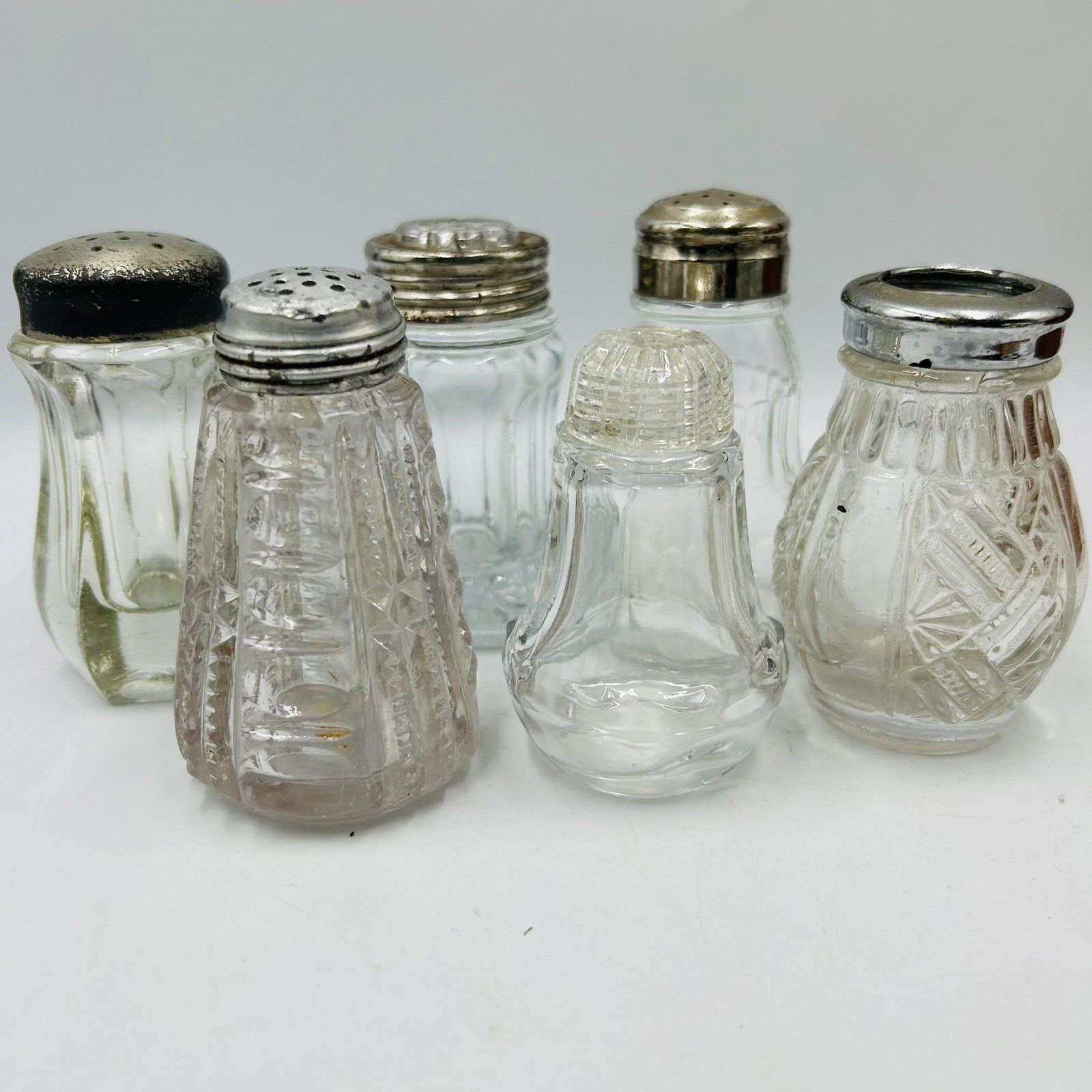 6 Piece Vintage And Antique Eapg Glass Clear Salt Shaker Mixed Lot Pressed