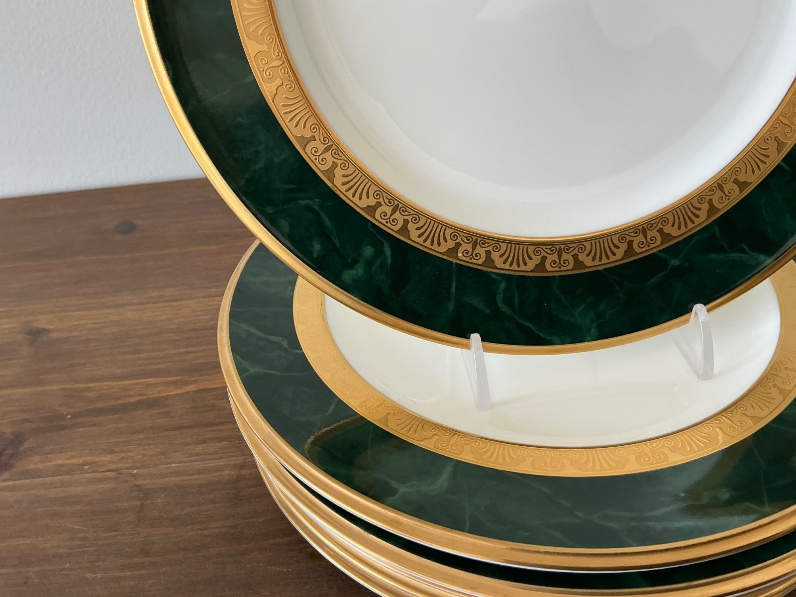 Set/6 NORITAKE Fitzgerald 4712 Salad Plates Green Marble Border Gold Scroll EXC!