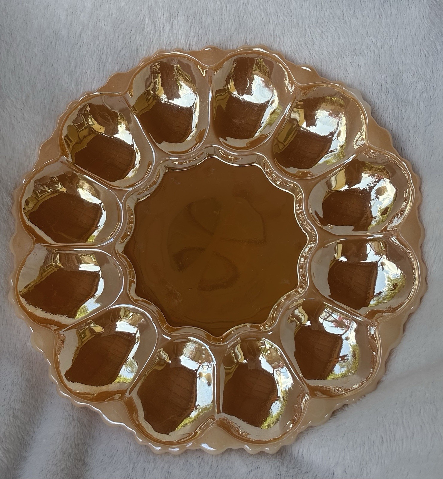 Vintage Fire King Peach Lustre Milk Glass 12 Deviled Egg Plate Good Condition