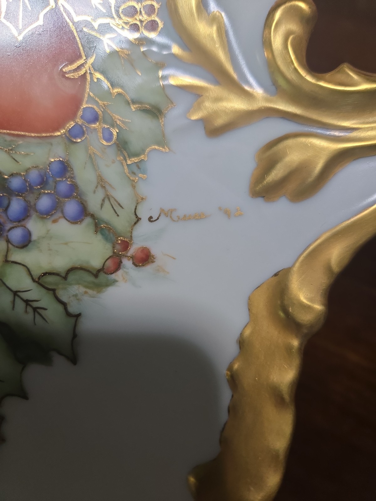 Hand Painted Ceramic Fruit Holly Berry Handled Platter Heavy Gold Trim Signed
