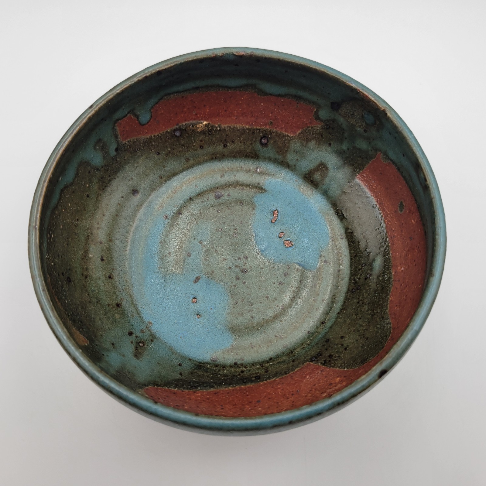 Hand Thrown Art Pottery Bowl Multi Layer Glaze Green Blue Red NM Artist Signed