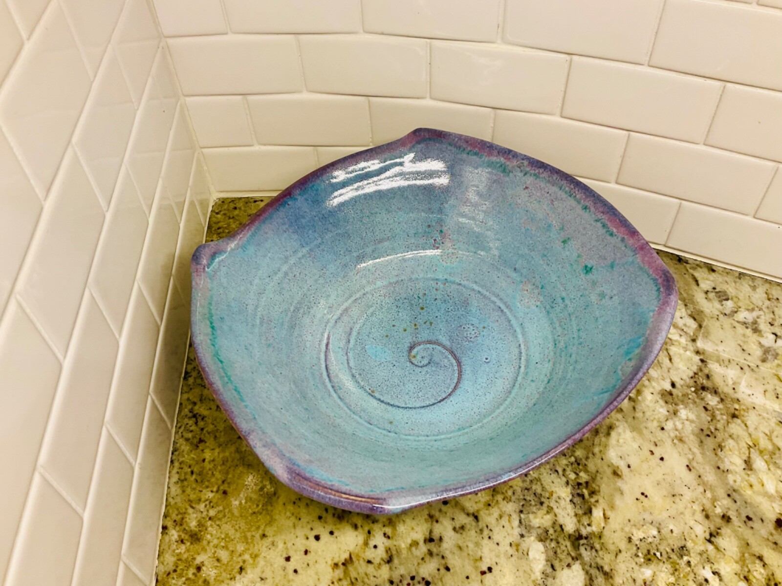 ARTIST SIGNED Pottery Blues Purples And Green Tones 11 Inches