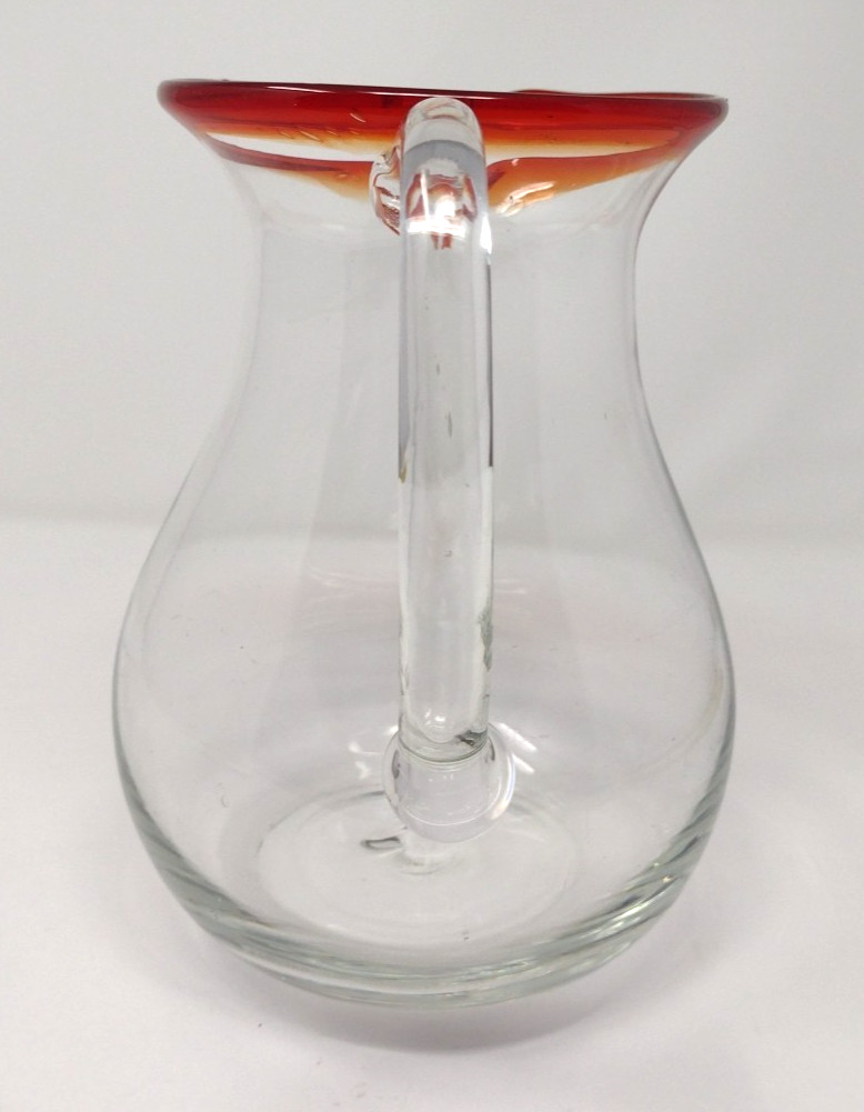 Mexican Handblown Red Rim Glass Pitcher Large 8 3/4″