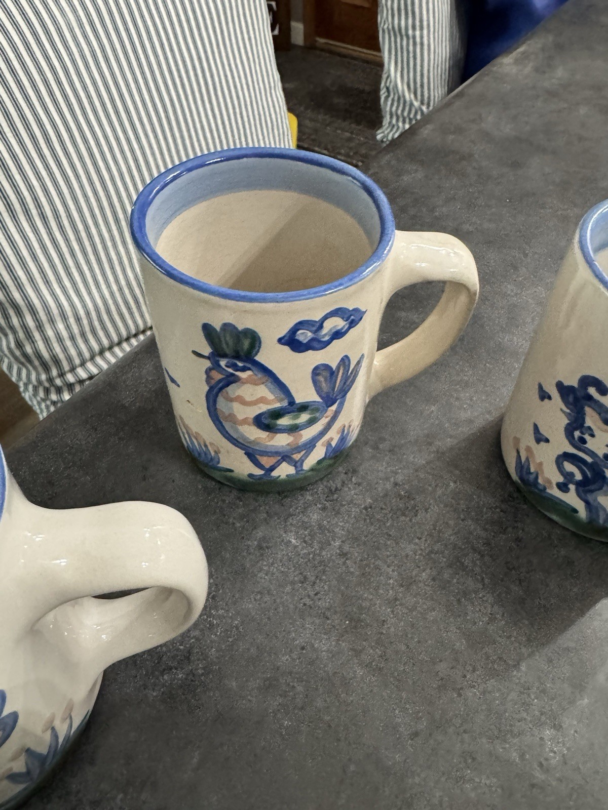 Set of 6 M.A. Hadley Pottery Mugs Hand-painted Blue Folk Art