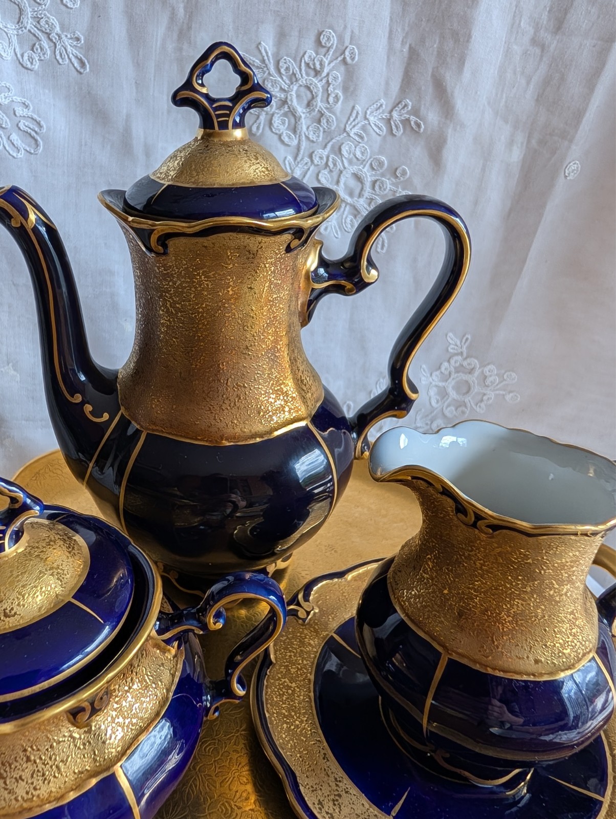 VINTAGE GRAF VON HENNEBERG PORZELLAN ILMENAU GERMANY ECHT KOBALT COFFEE SET 15pc
