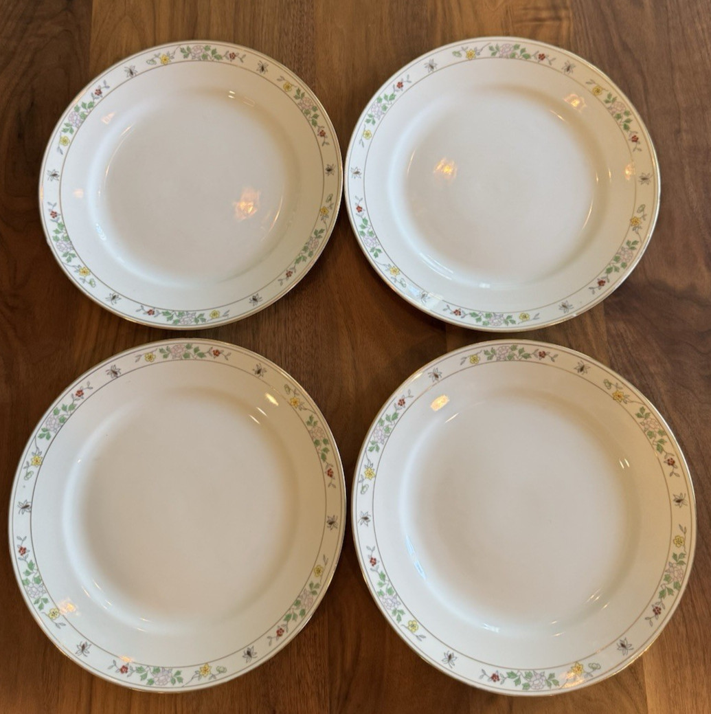 Noritake N1611 Field Japan (4) Dinner Plates Flowers Bees Rare Gold Hand Painted