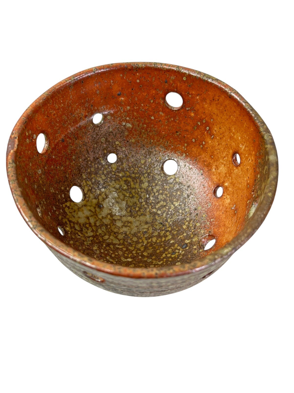 Studio Art Pottery Colander Strainer Fruit Bowl Brown Hand Made Signed NA