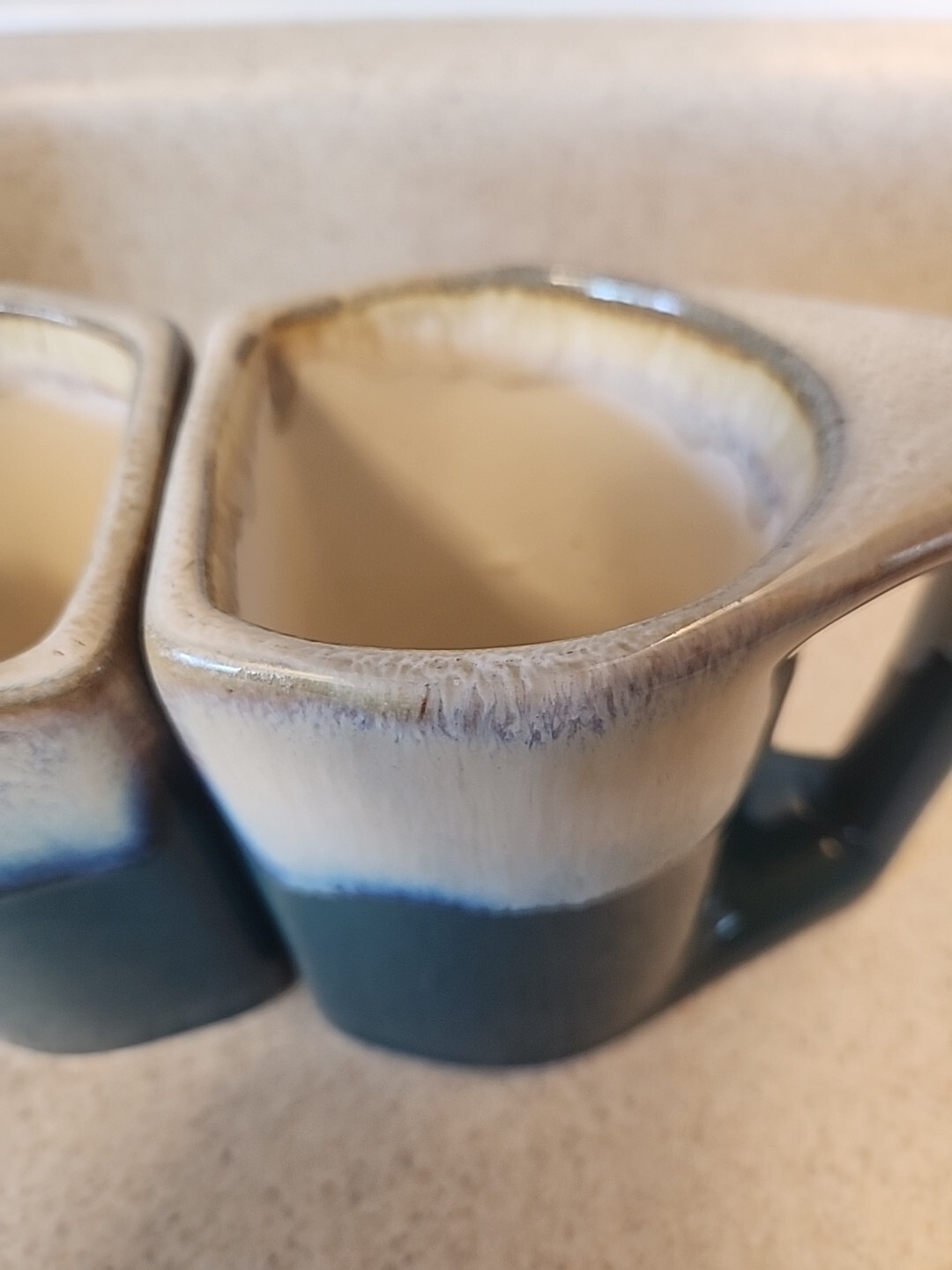 VTG Padilla Signed Stoneware Mugs Blue/Tan Drip Glaze Set of 4 boho