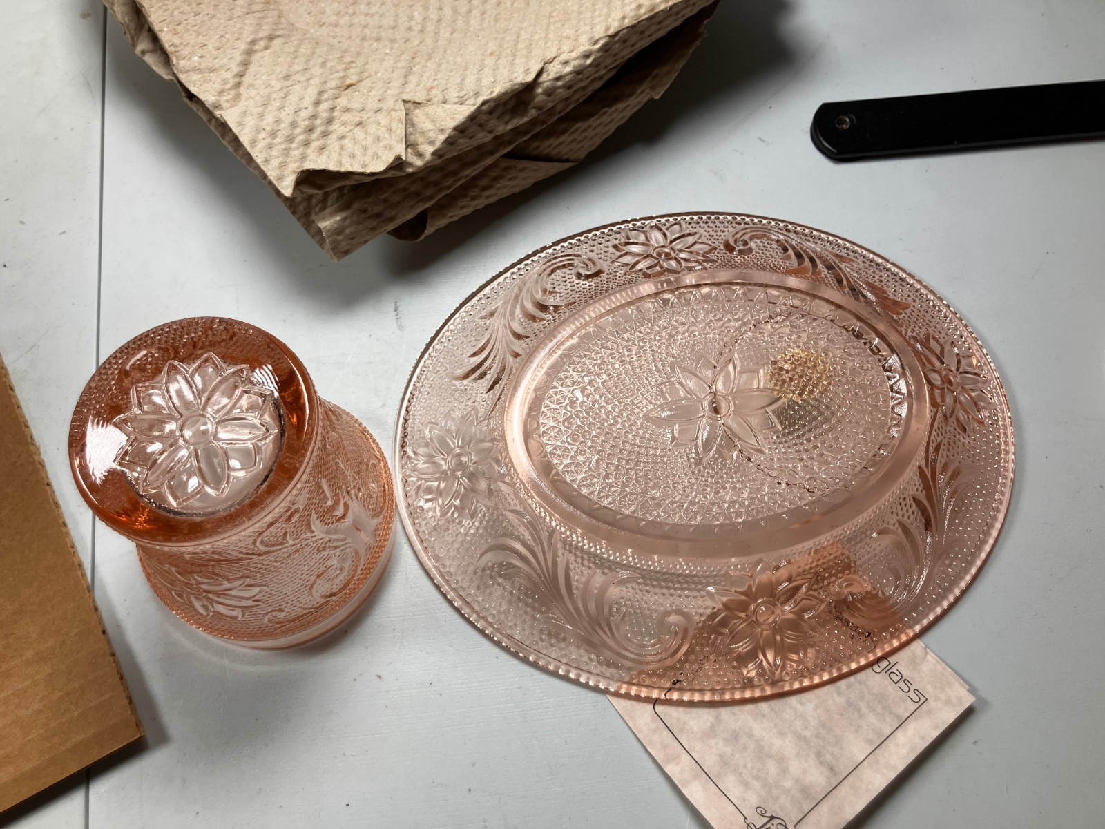 Rare Vintage Tiara Indiana Glass Pink or Peac Sandwich Snack Plate & Tumbler Set