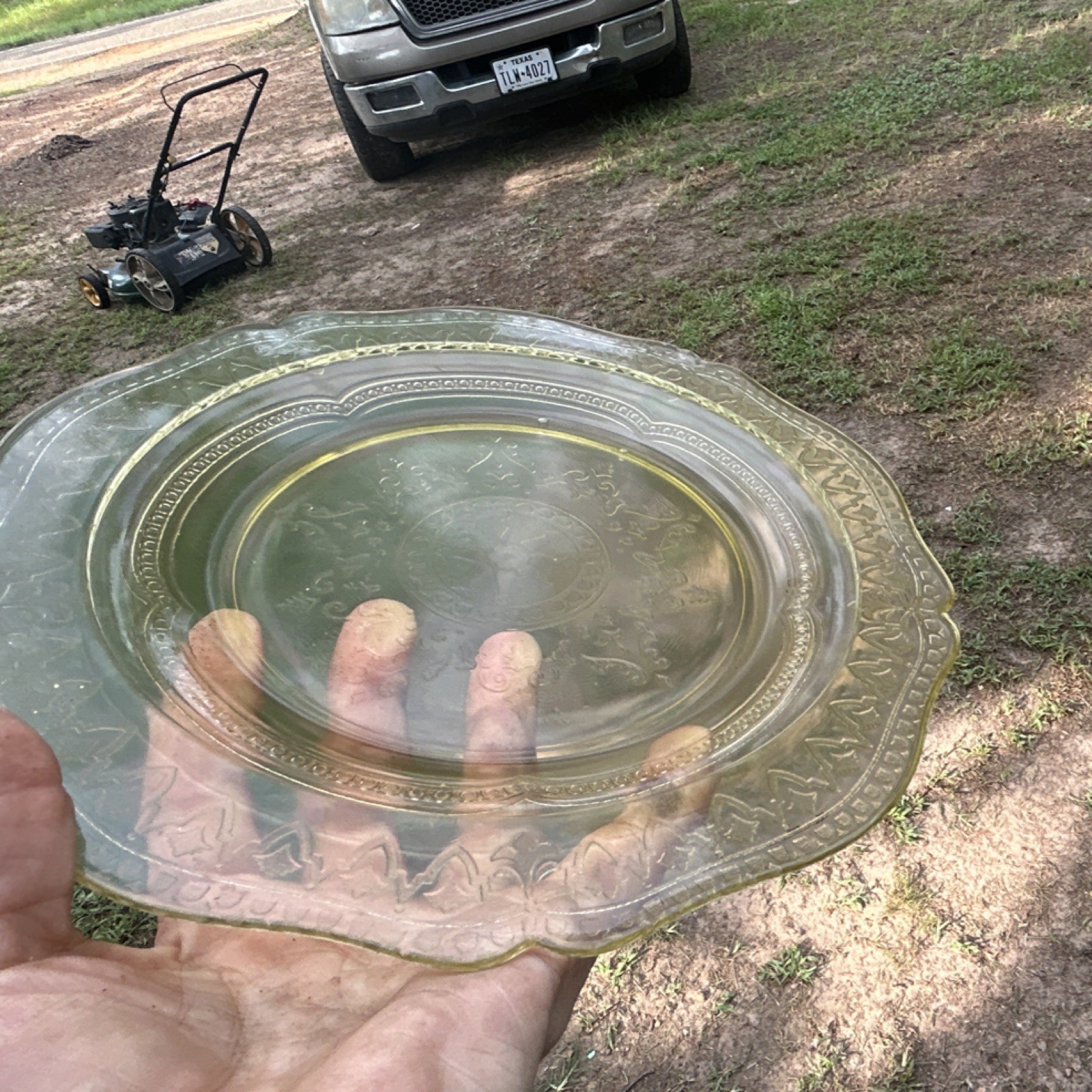 Clear Pressed Glass Floral Round Plate, Embossed Center, Scalloped Rim