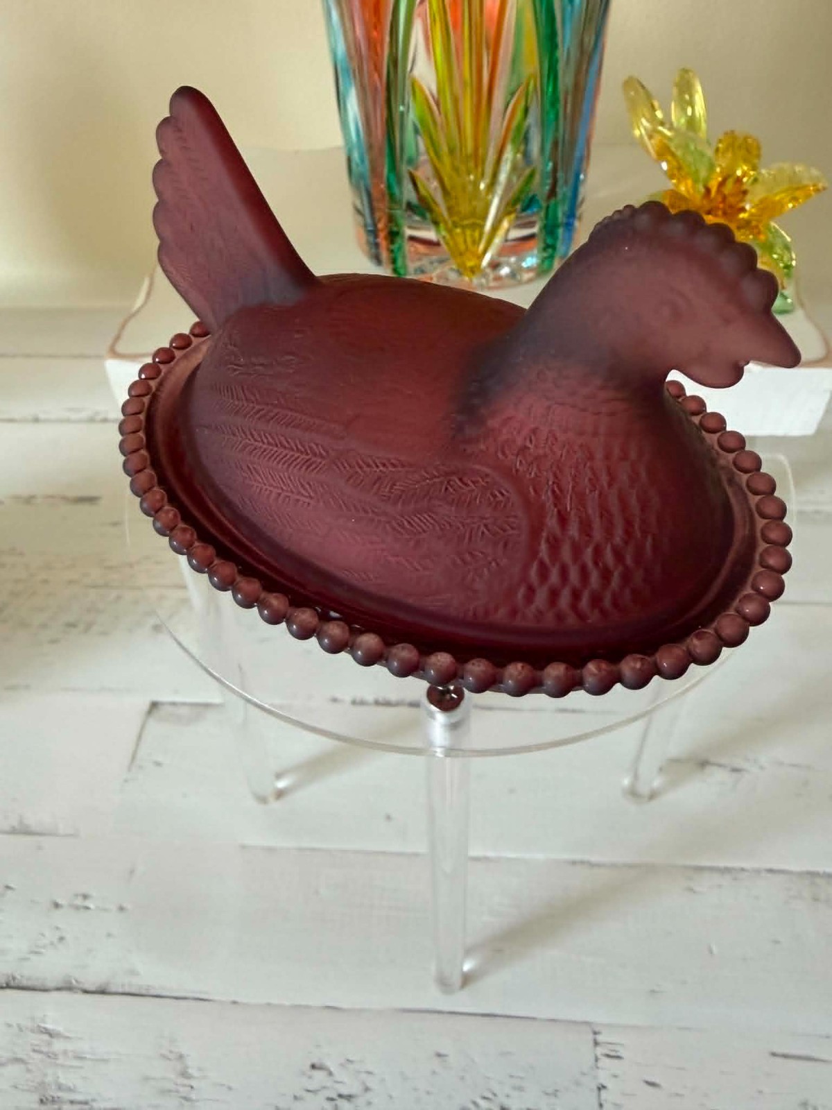 Burgandy Glass Hen on a Nest HON Covered Dish Satin Matte Pressed Glass Oval 5”