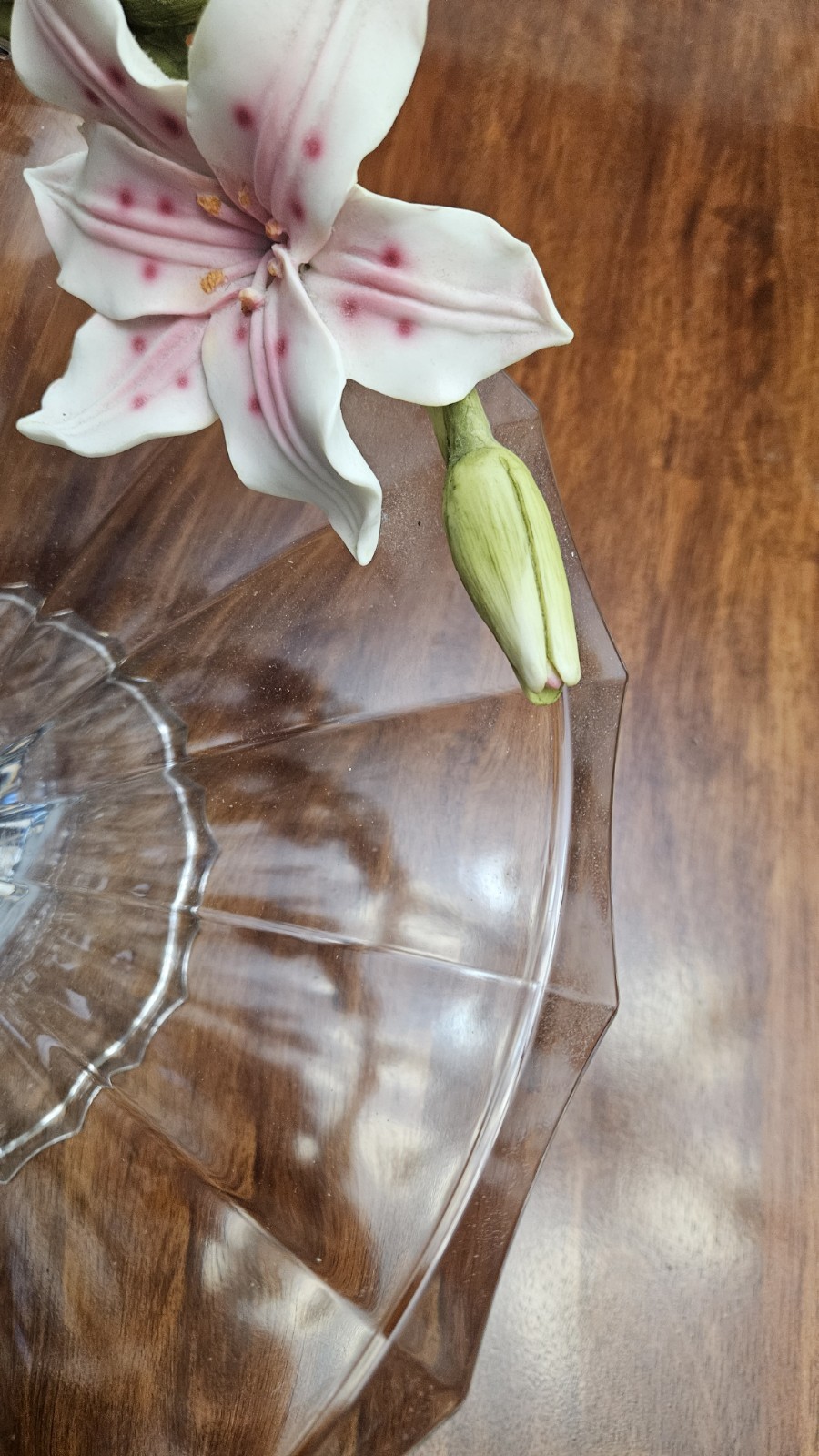 Vintage Floral Centerpiece Glass Pedestal Bowl & Matching Porcelain Lily Candle