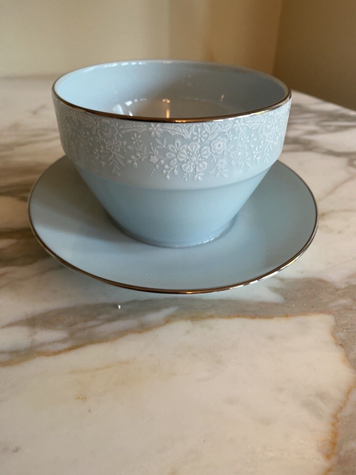 Noritake Fidelity 8003 WBI Soup Bowl & Saucer Set Floral Embossed White Band Blu