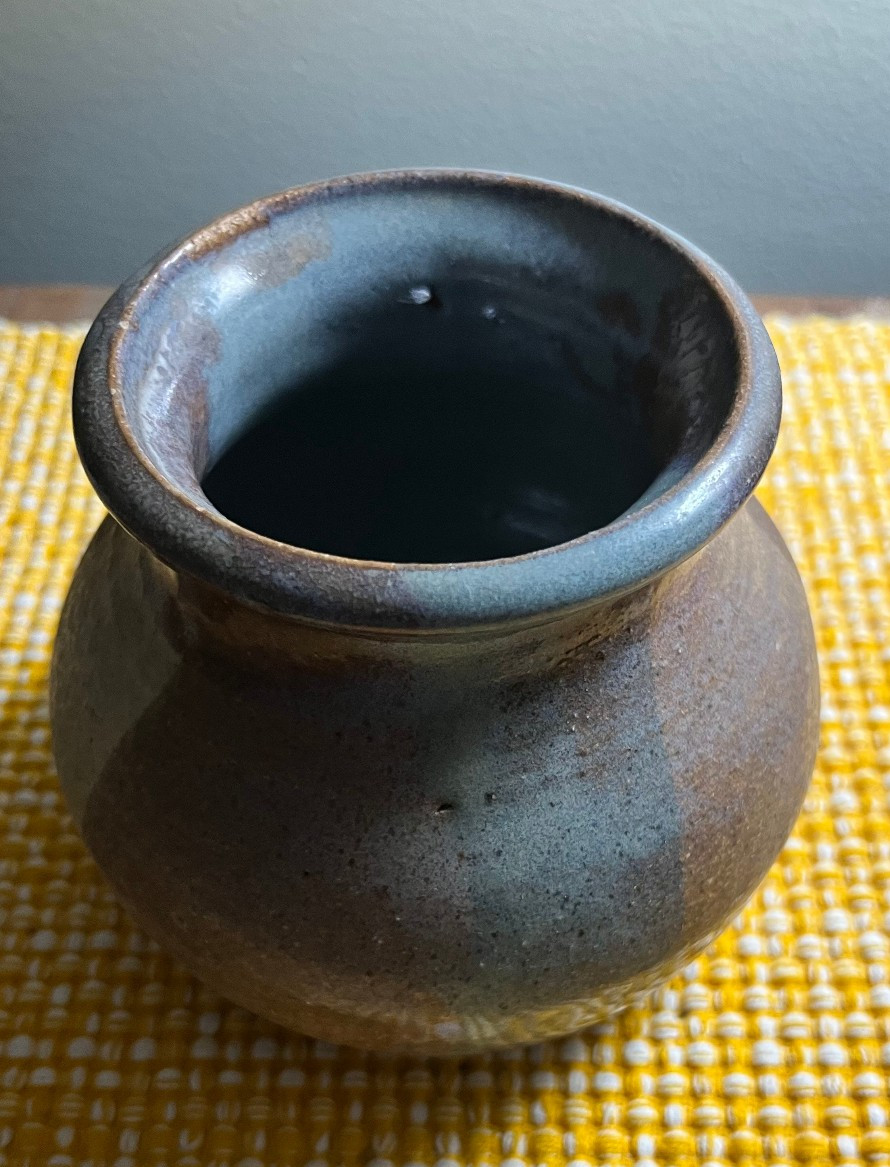 Stoneware Pottery Lidded Ceramic Jar Colored w/Brown, Tan Grey Glaze