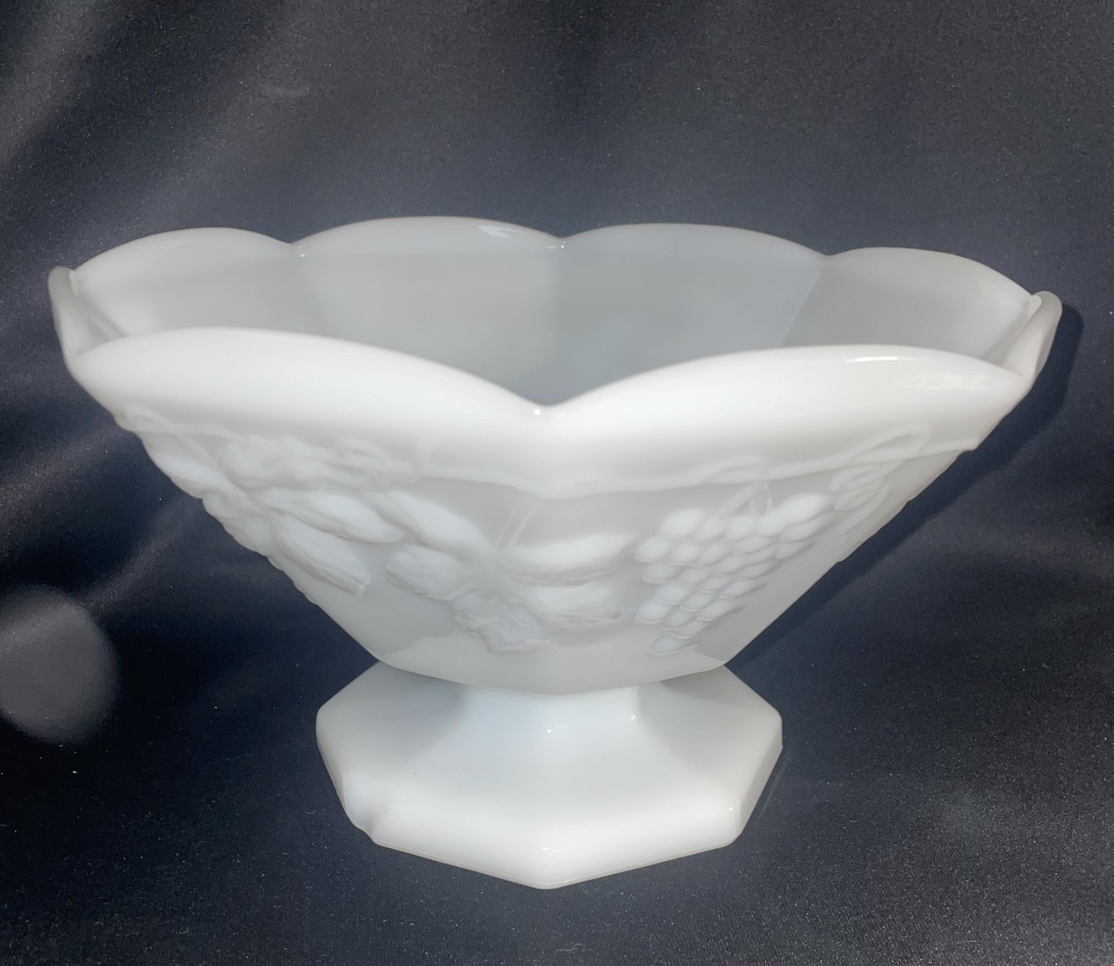 Milk Glass Grapes and Leaves Footed Pedestal Fruit Bowl Octagon 9 1/2 Inches