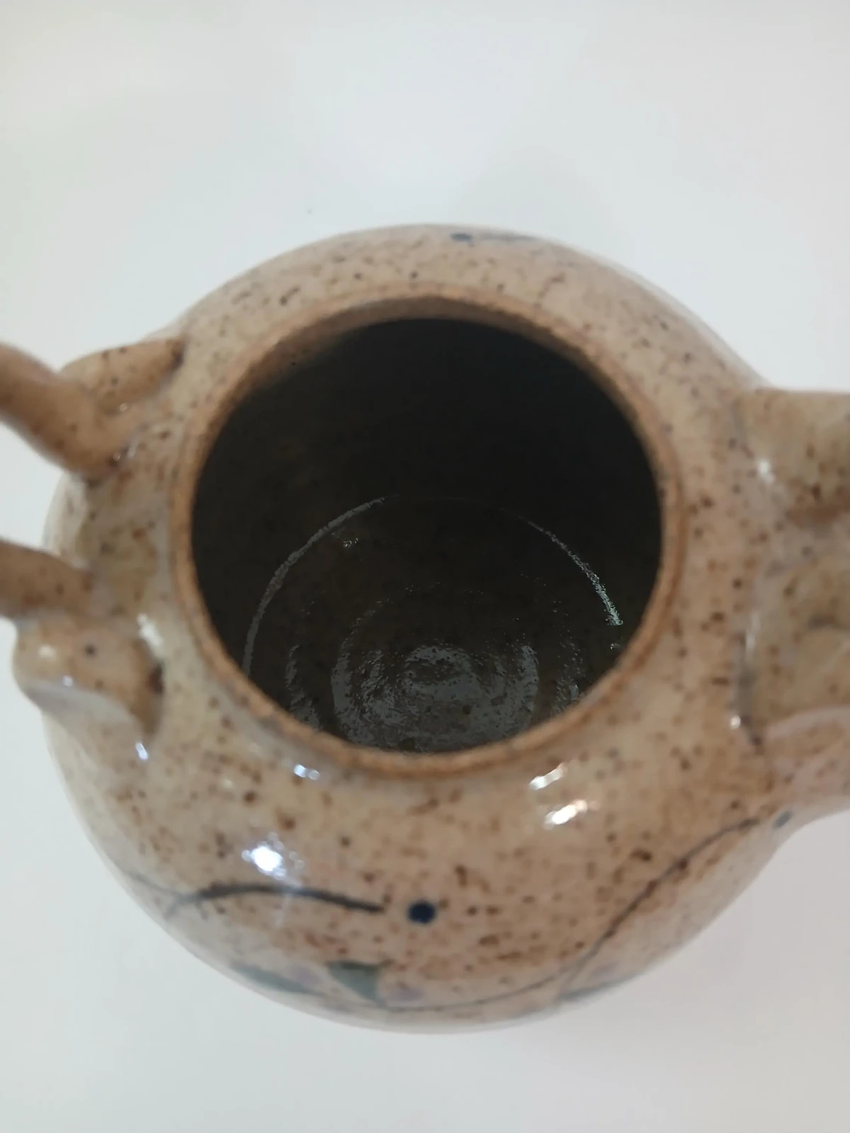 90s Cottagecore Speckled Stoneware Teapot with Bamboo Handle Hand-painted Floral