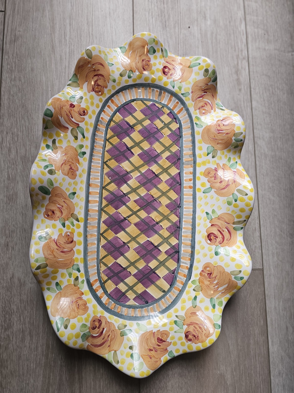 Hand Painted Large MacKenzie Childs Serving Platter Fluted Odd Fellows Retired