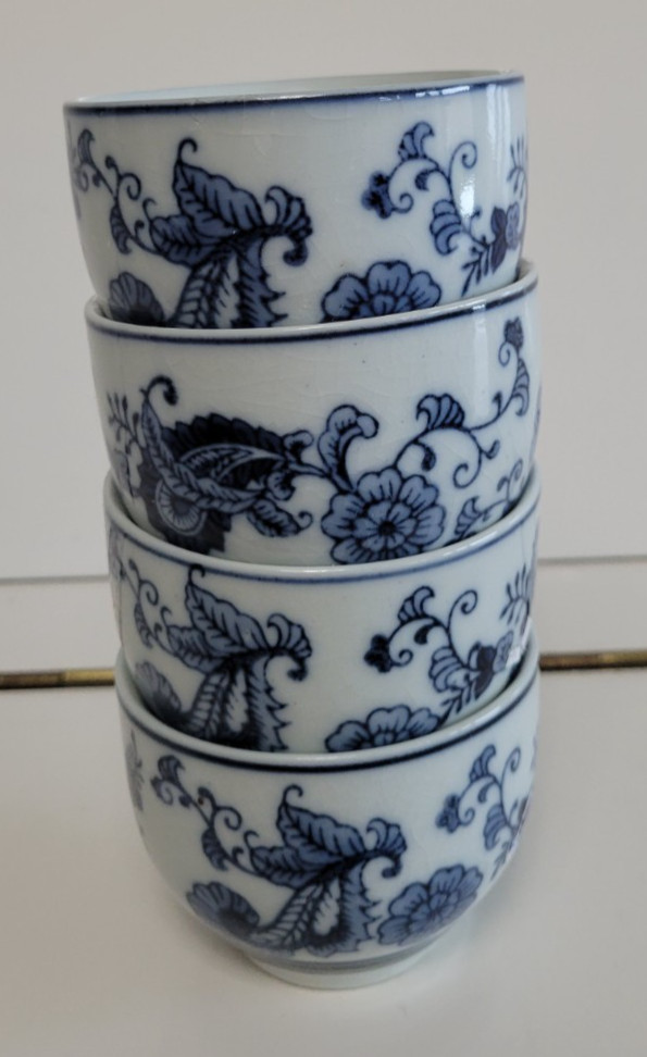 4 PIER 1 IMPORTS PORCELAIN TEA CUPS WHITE AND BLUE 2.25 INCHES HOLDS 6 OZS