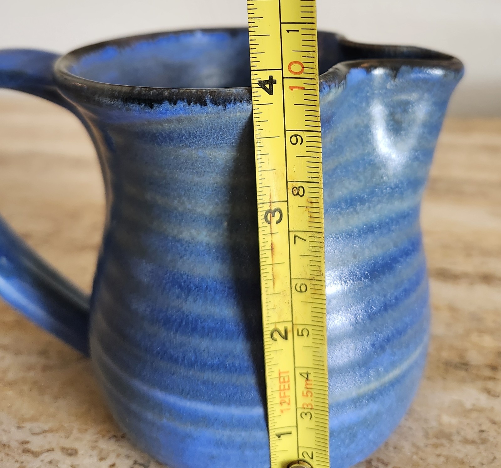 Signed Artisan Made Pottery Stoneware Small Pitcher/Creamer Blue Glaze Handmade