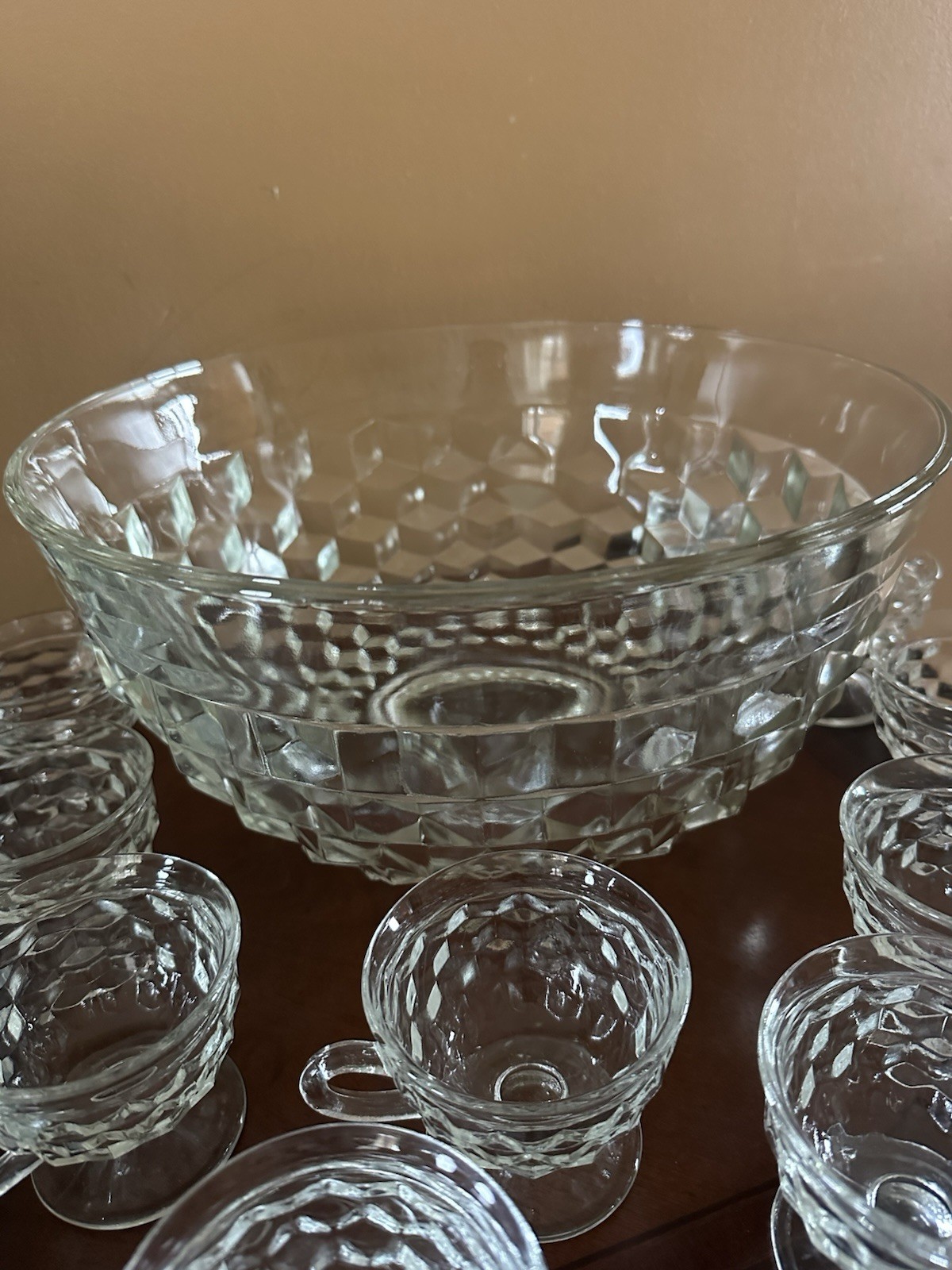 Cubist Indiana Clear Glass Punch bowl Set of 12 footed cups whitehall colony VTG