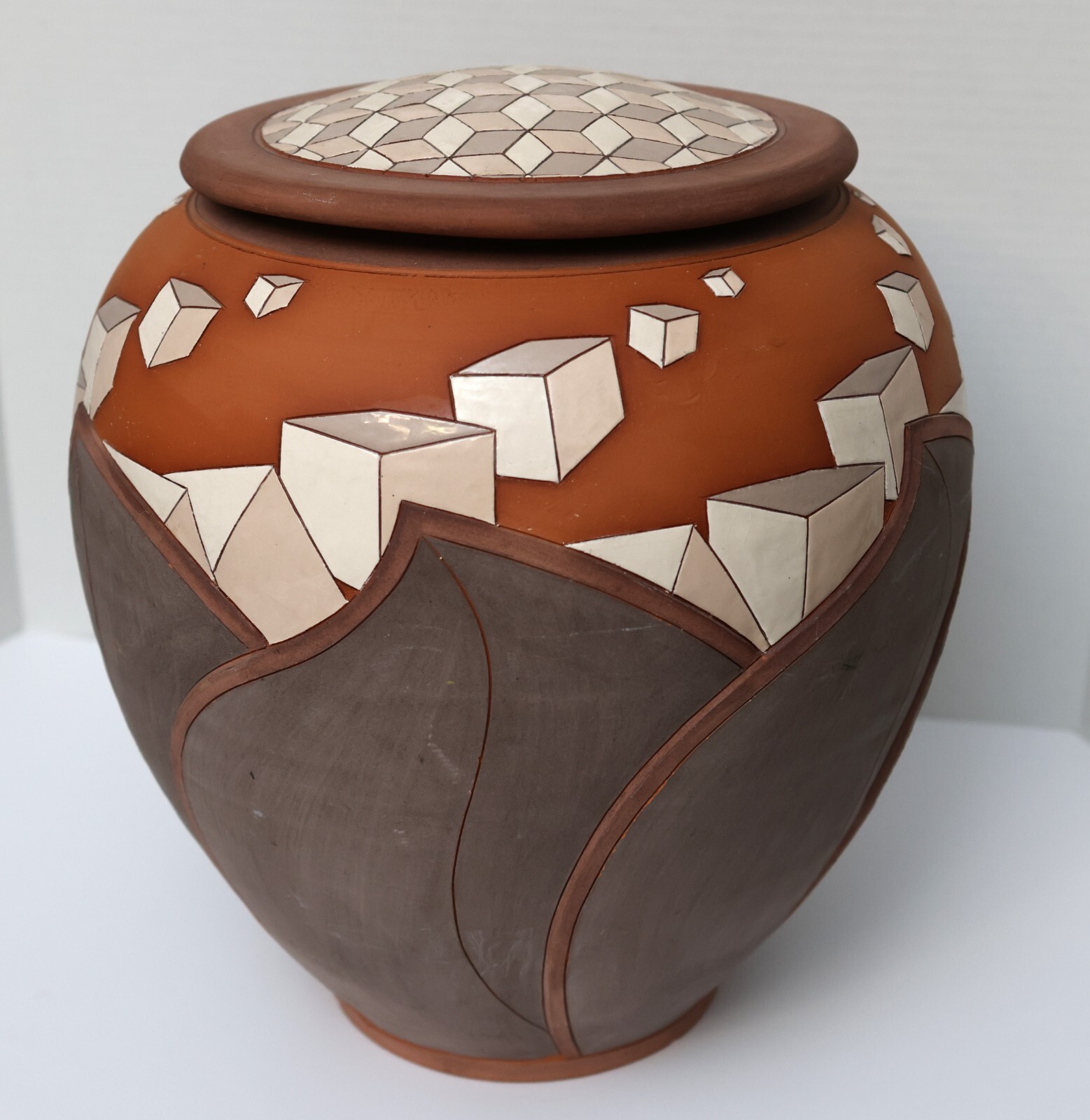 Don Cornett Lidded Pottery Optical Illusion Geometric Polychrome Signed 16″ High
