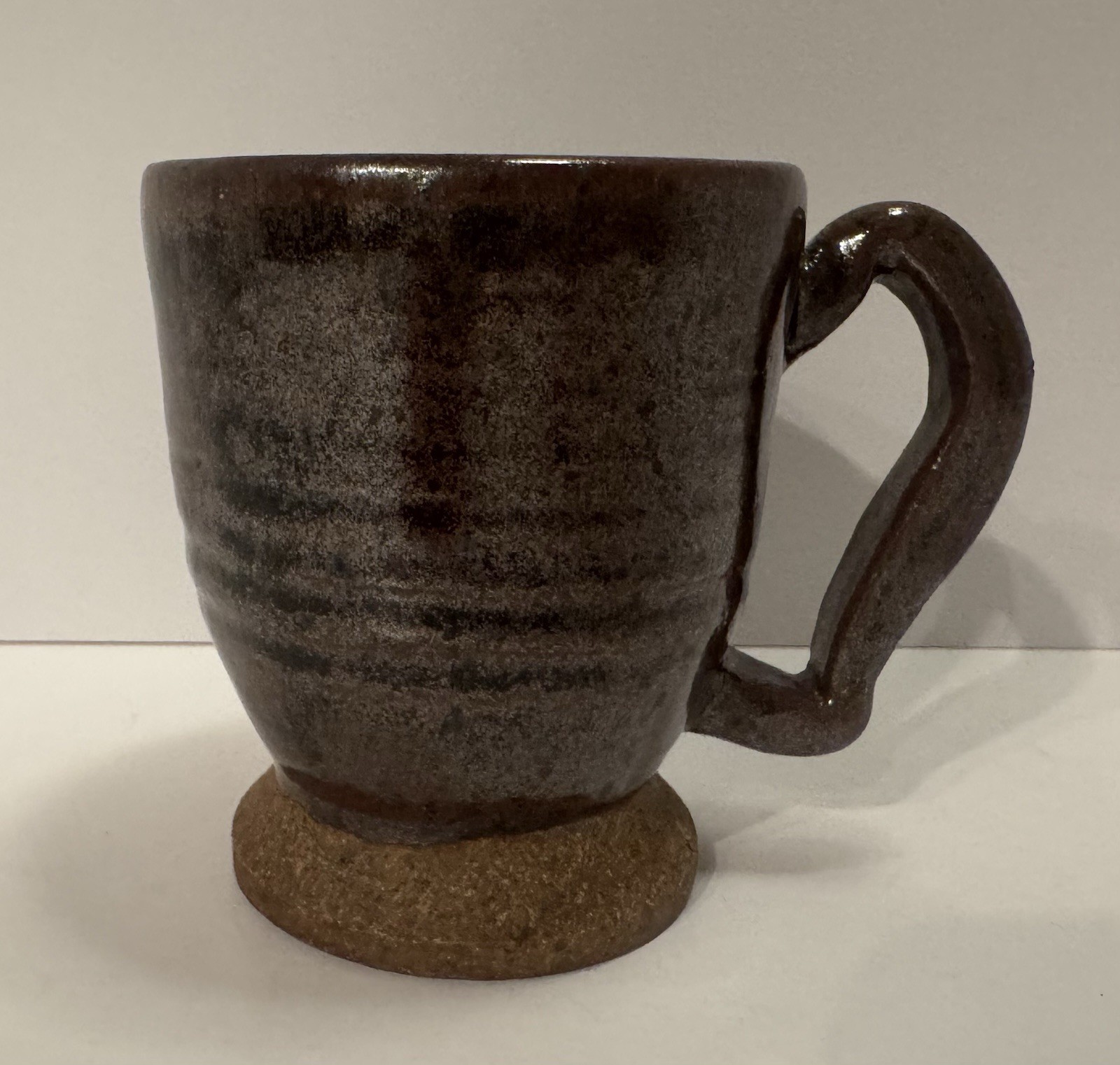 Studio Pottery Hand Thrown Stoneware Mug, Able Drip Glaze, Signed “L” 3-2017