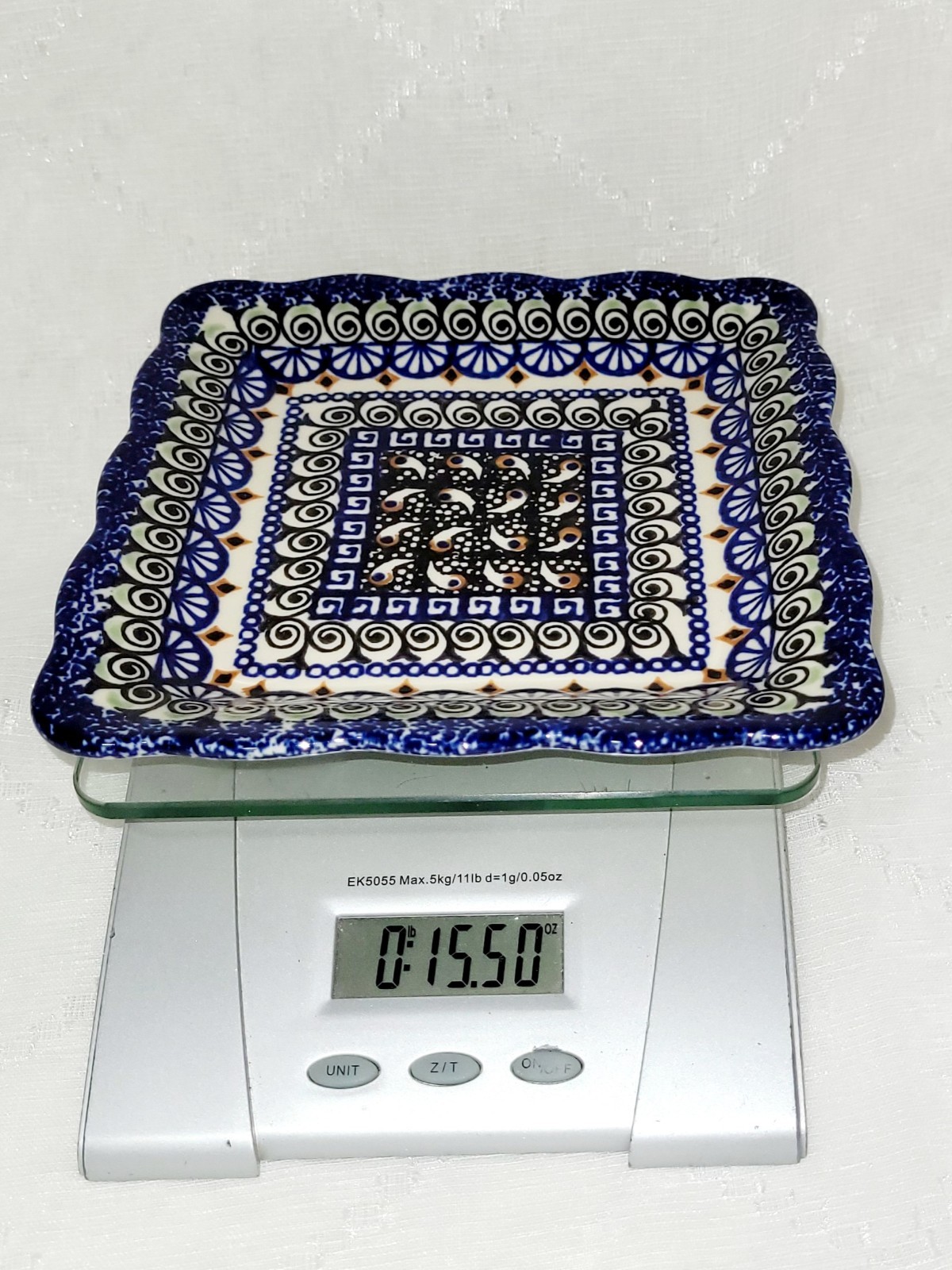 VTG Unikat Polish Pottery Square Platter Handmade/Painted Blue & Green Patterns