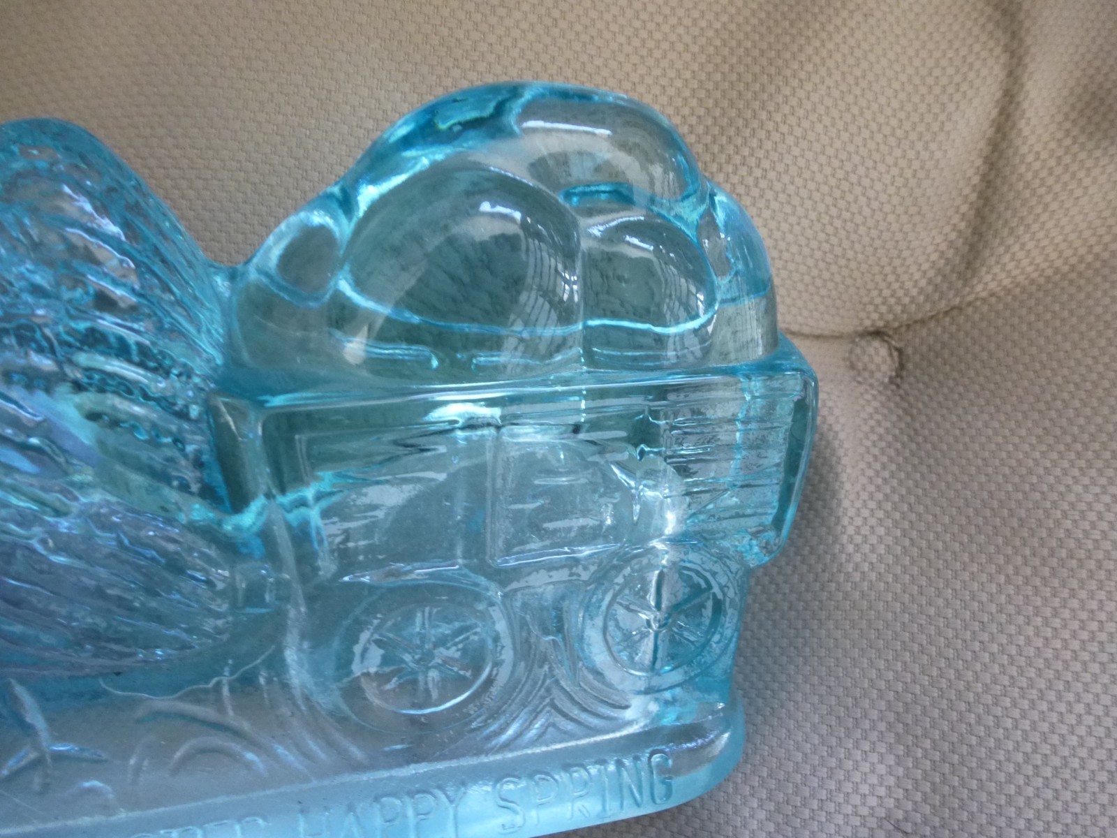 Hen Chicken pulling wagon Aquamarine Blue Glass Candy Dish Top Easter Spring