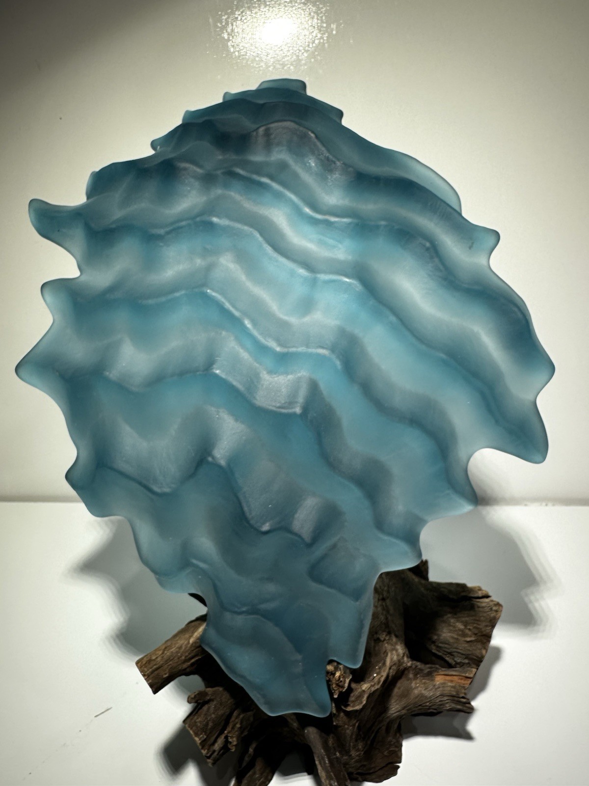 Postmodern Carved + Shaped Aqua Art Glass Asymmetrical Shallow Bowl