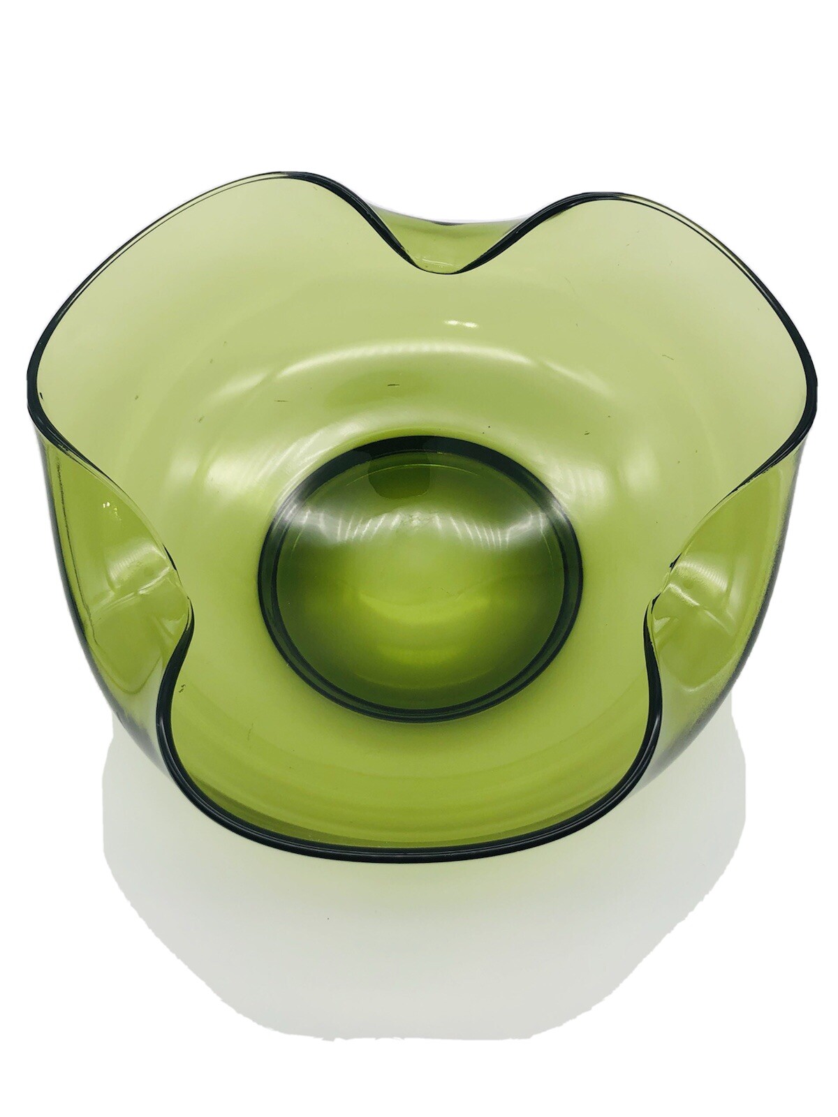 Vintage Green Glass Pinched Edge Sides Bowl Dish