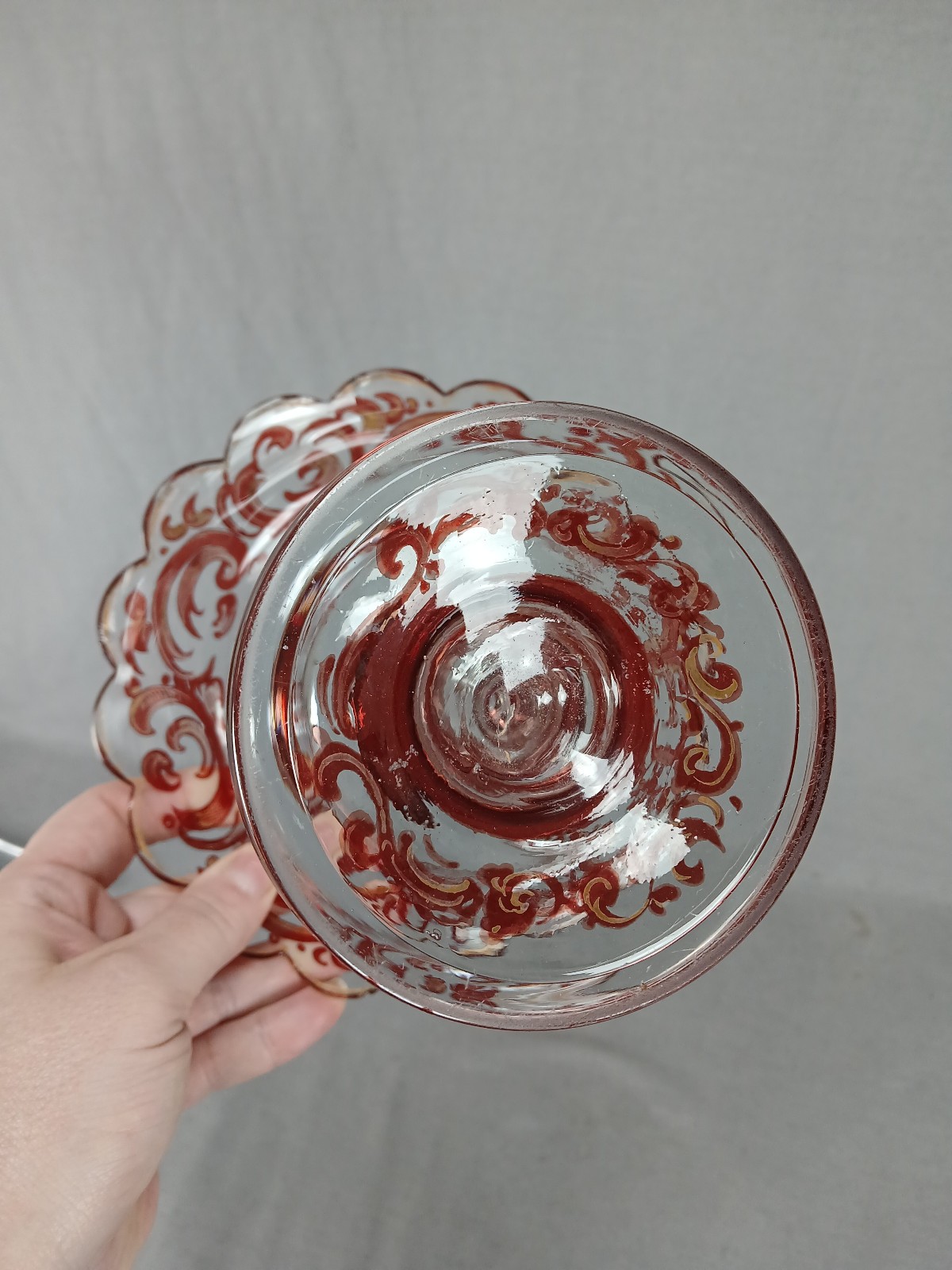 Mid 19th Century Bohemian Ruby Stained & Gold Scrollwork 5 1/8 Inch Compote