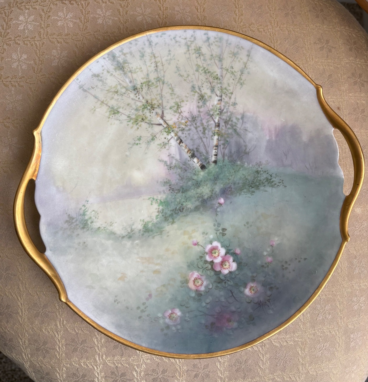 Pickard China Vellum Hand Painted Signed Maley Plate Tree Lake Scene 10.75″ 1901