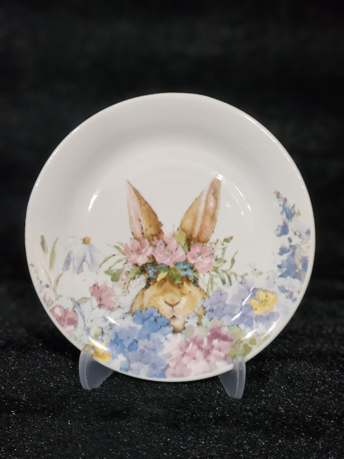 4 Watercolor Peeking Bunny Flowers Tidbit Plates 4″ Ceramic Easter Flower Crown