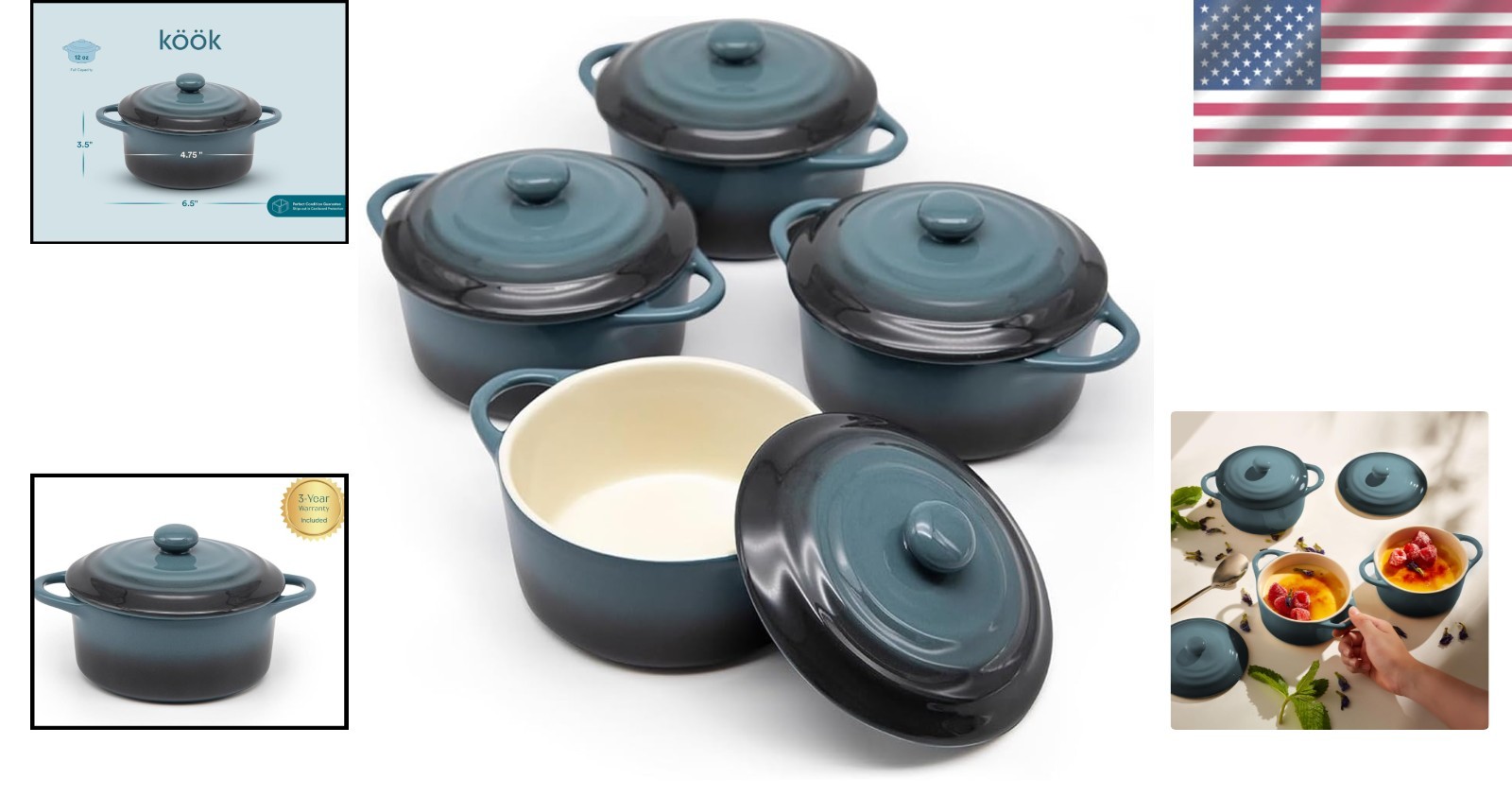 Set of 4 Stone Ombre Mini Cocottes – 12 oz Casserole Dishes for Elegant Dining