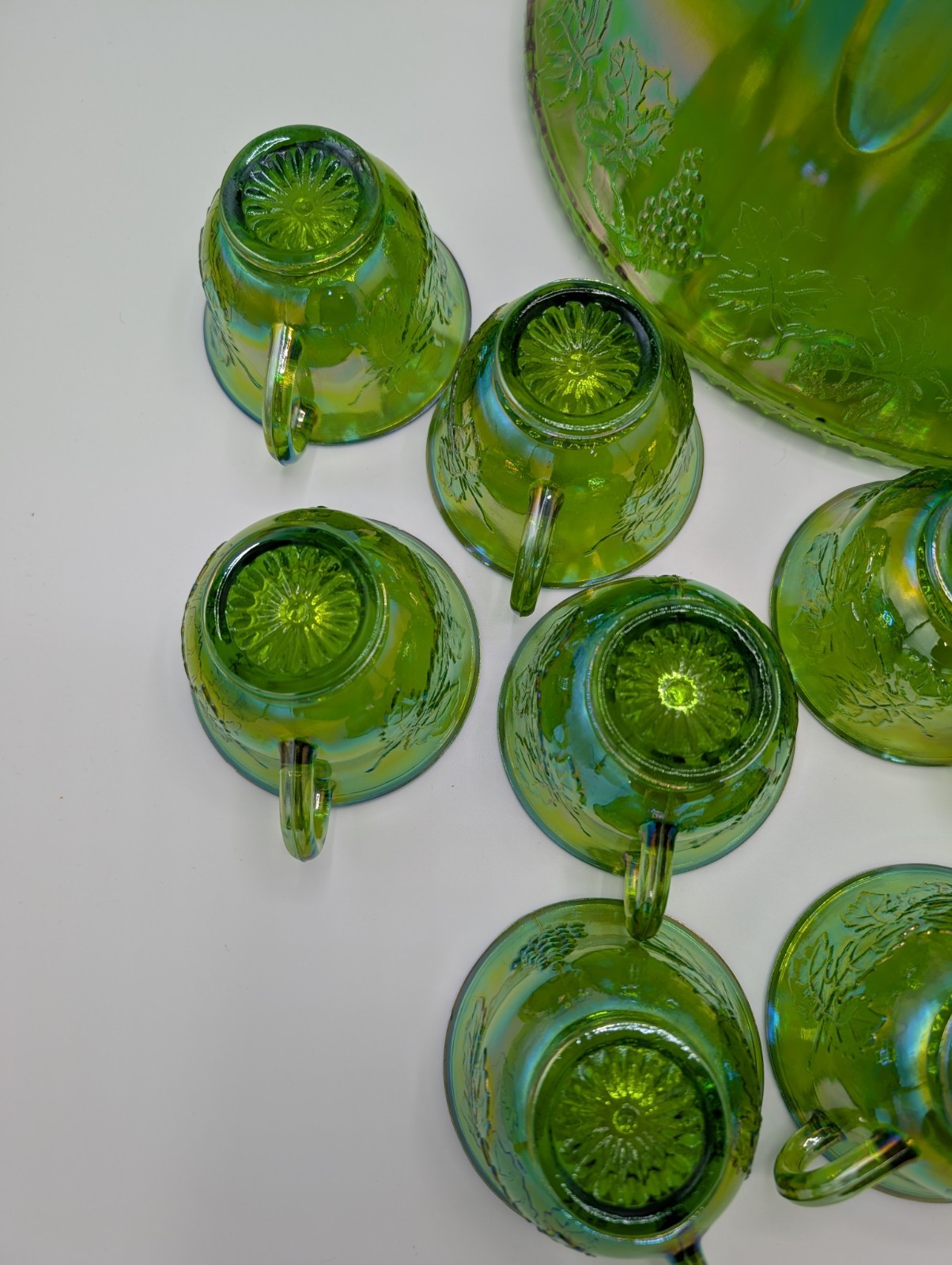 Vintage Indiana Carnival Glass Iridescent Green Punch Bowl Set With 12 Cups