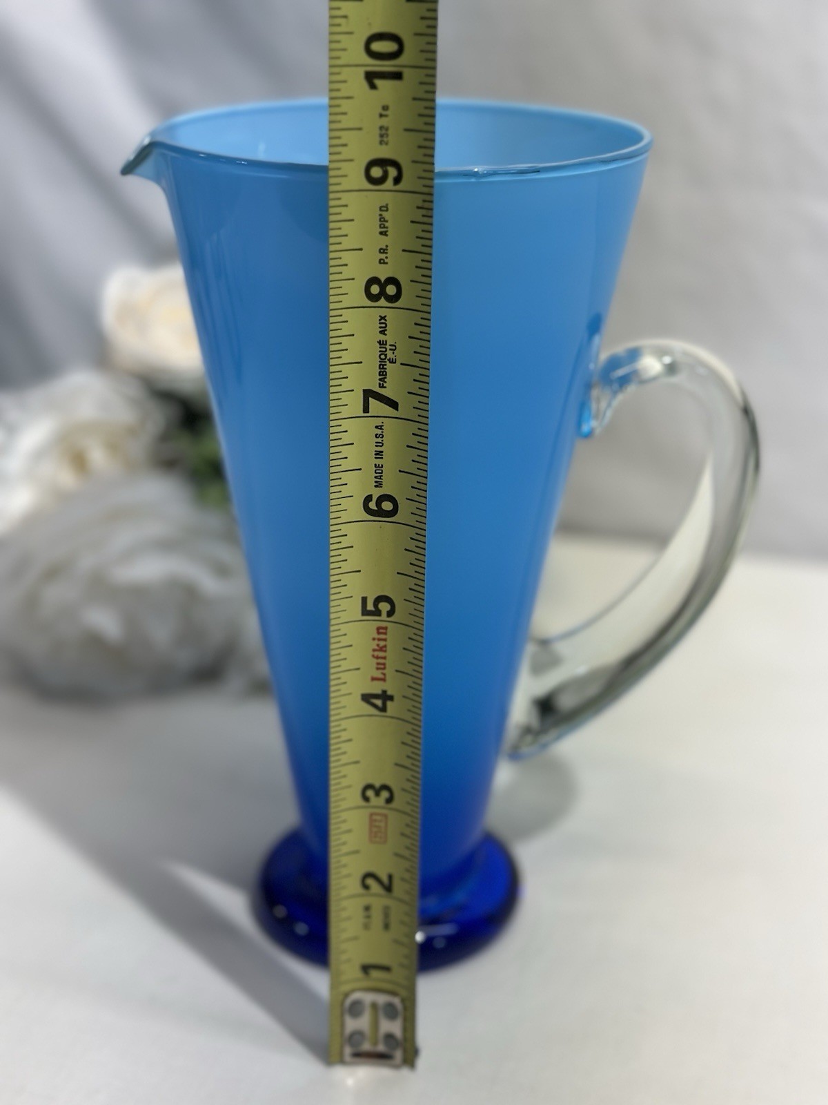 Vintage Gorgeous Italian Pitcher Blown Art Glass Ombré Blue Clear Handle 9.25”