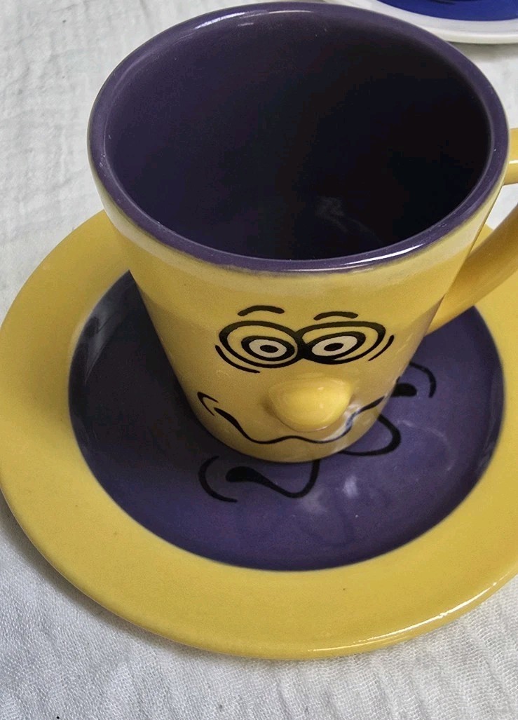 Funny Face Espresso Coffee Mugs With Matching Saucers Ceramic 2.50 Inches Taĺl