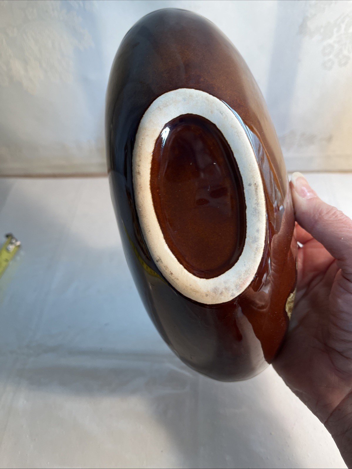 Vintage Brown Drip Glaze Pottery Oval Bowl