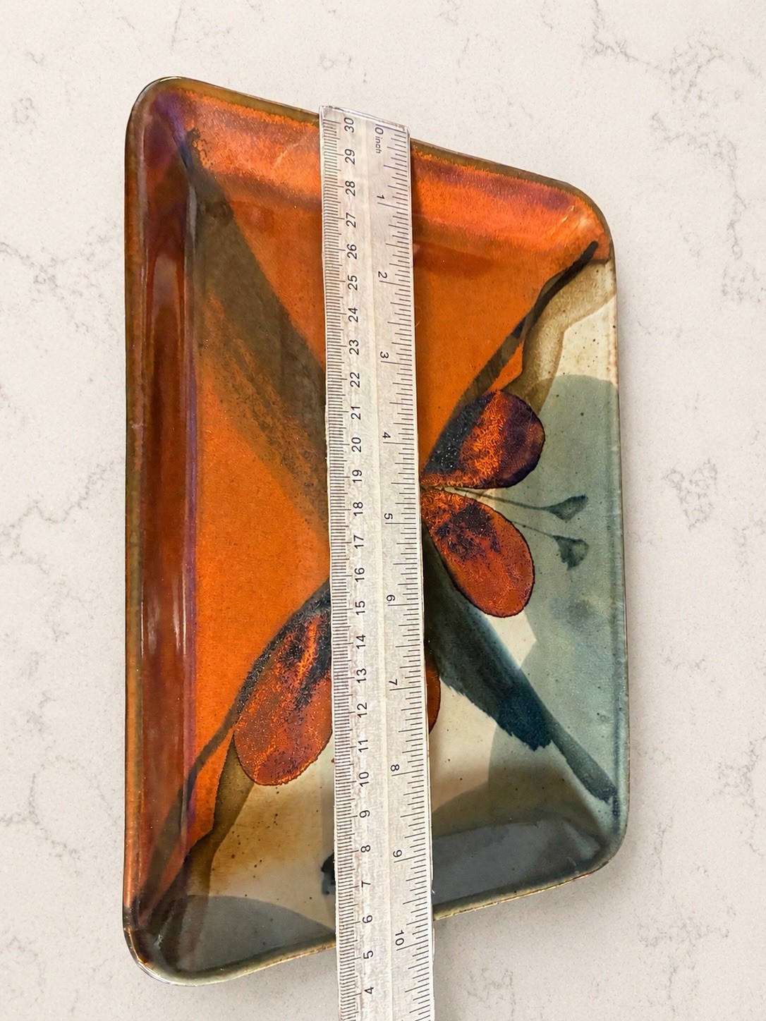 Signed Studio Pottery Ceramic Tray Abstract Floral Orange Green Trinket Dish