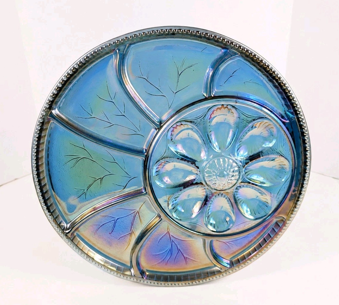 Vintage Indiana Glass Blue Carnival Deviled Egg Relish Tray Platter Iridescent
