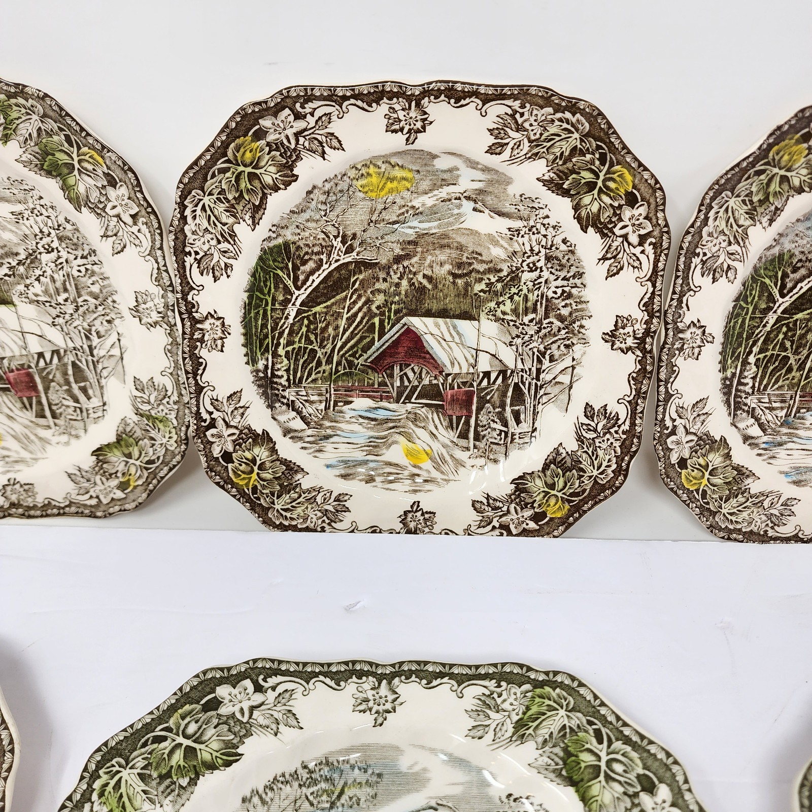 Friendly Village Johnson Brothers Covered Bridge Square Salad Dessert Plates Set