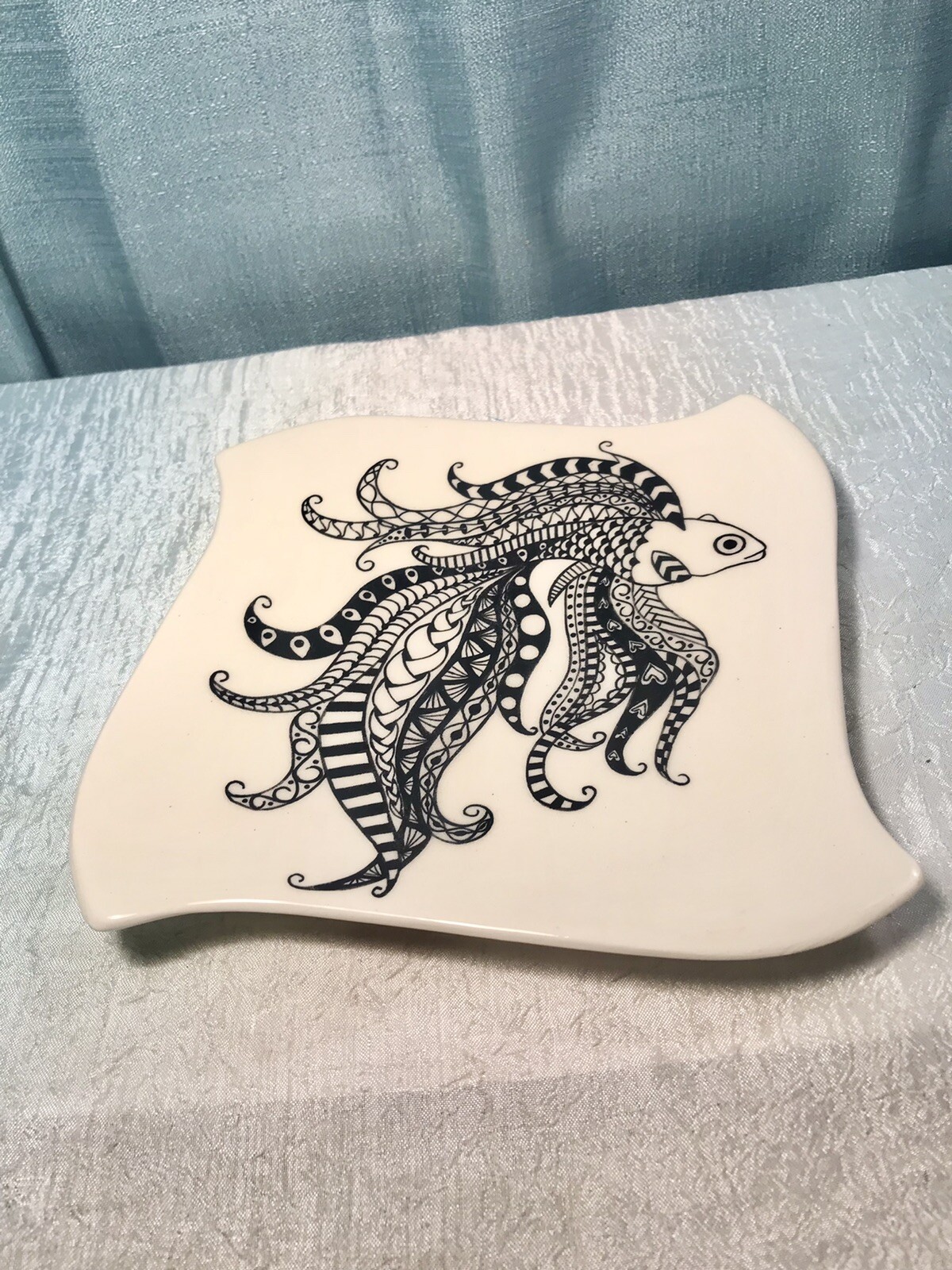 Hand Made Ceramic Plate w Beta Fish Fancy Serving Dish Asymmetrical Square 8”