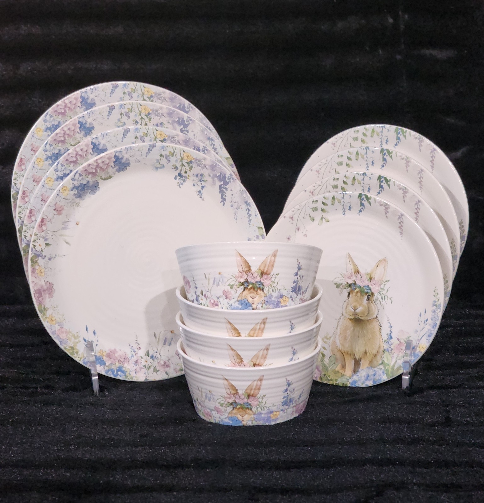 4 Watercolor Peeking Bunny & Flowers Cereal Bowls 6″ Ceramic Easter Flower Crown