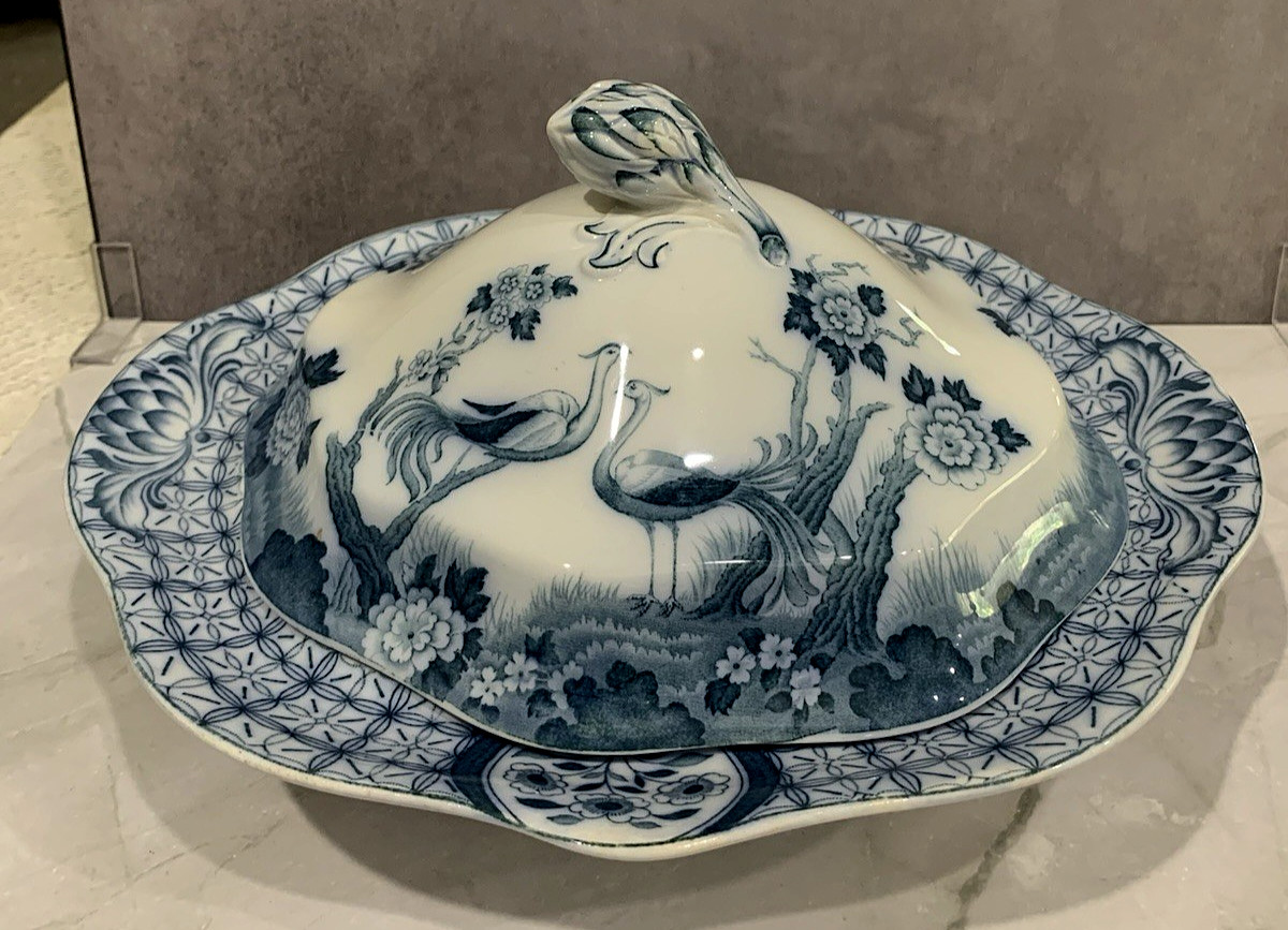 Antique Johnson Bros MONGOLIA Gray Blue Transferware Oval Covered Serving Bowl