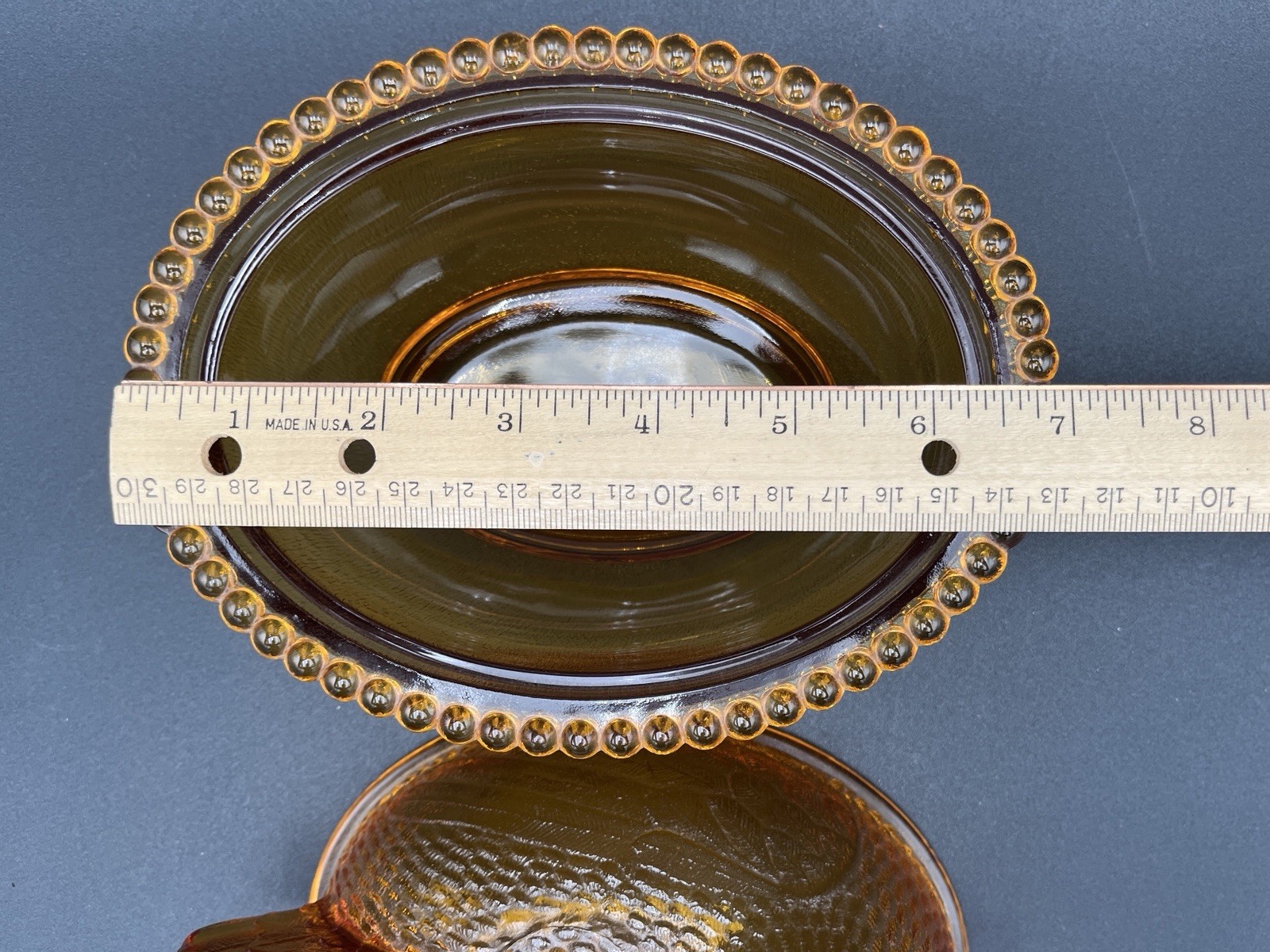 Vintage Indiana Glass Amber Hen on Nest Beaded Edge Stippled Base 7″