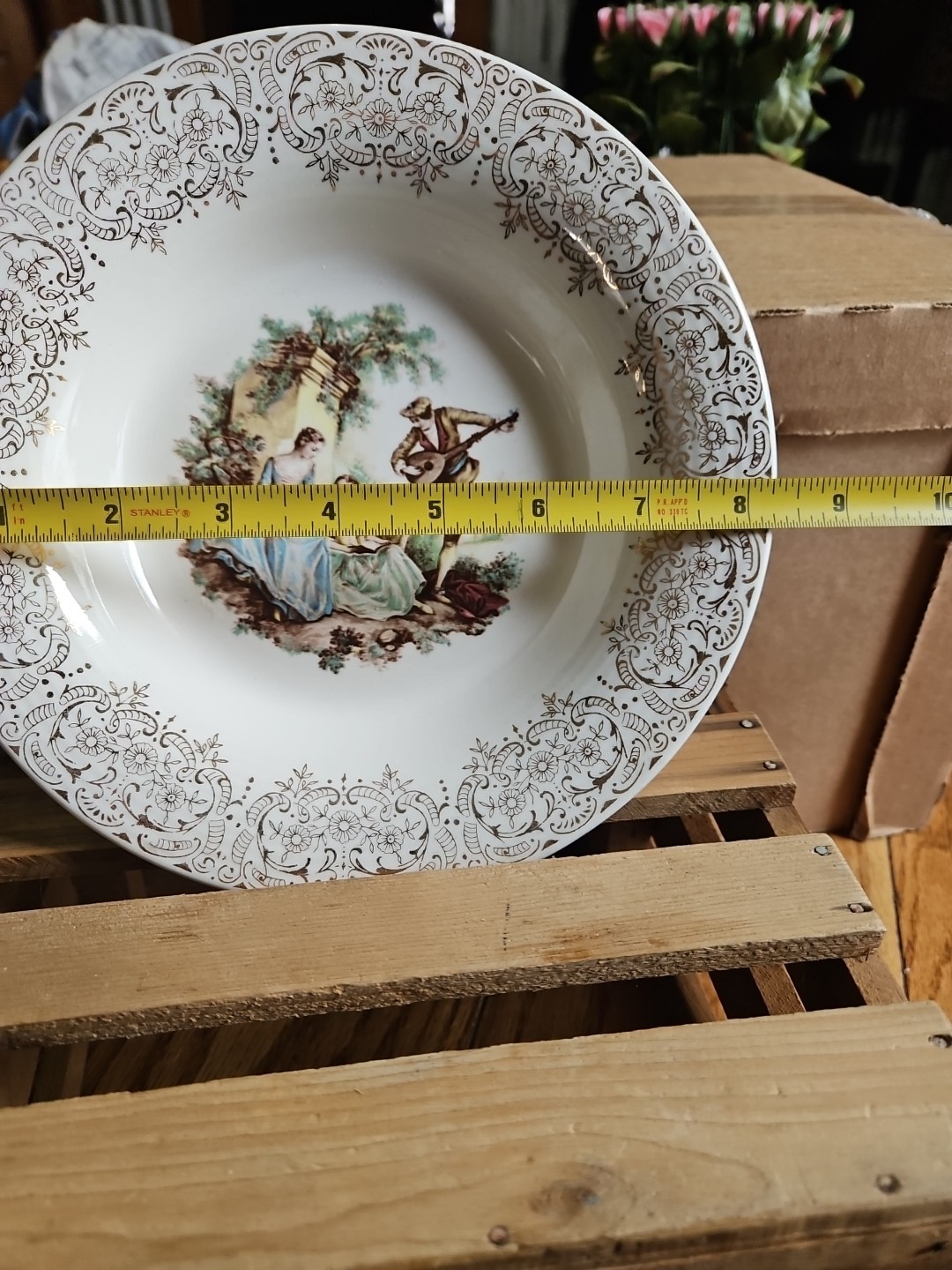 American Limoges Courting Scene Triumph China 22k Gold Trim Soup Bowl 8.25″