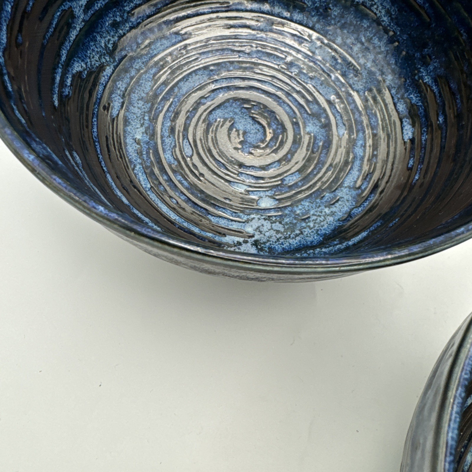 Set of 2 Art Blue Copper swirl ceramic udon noodle ramen bowls 6.5 in