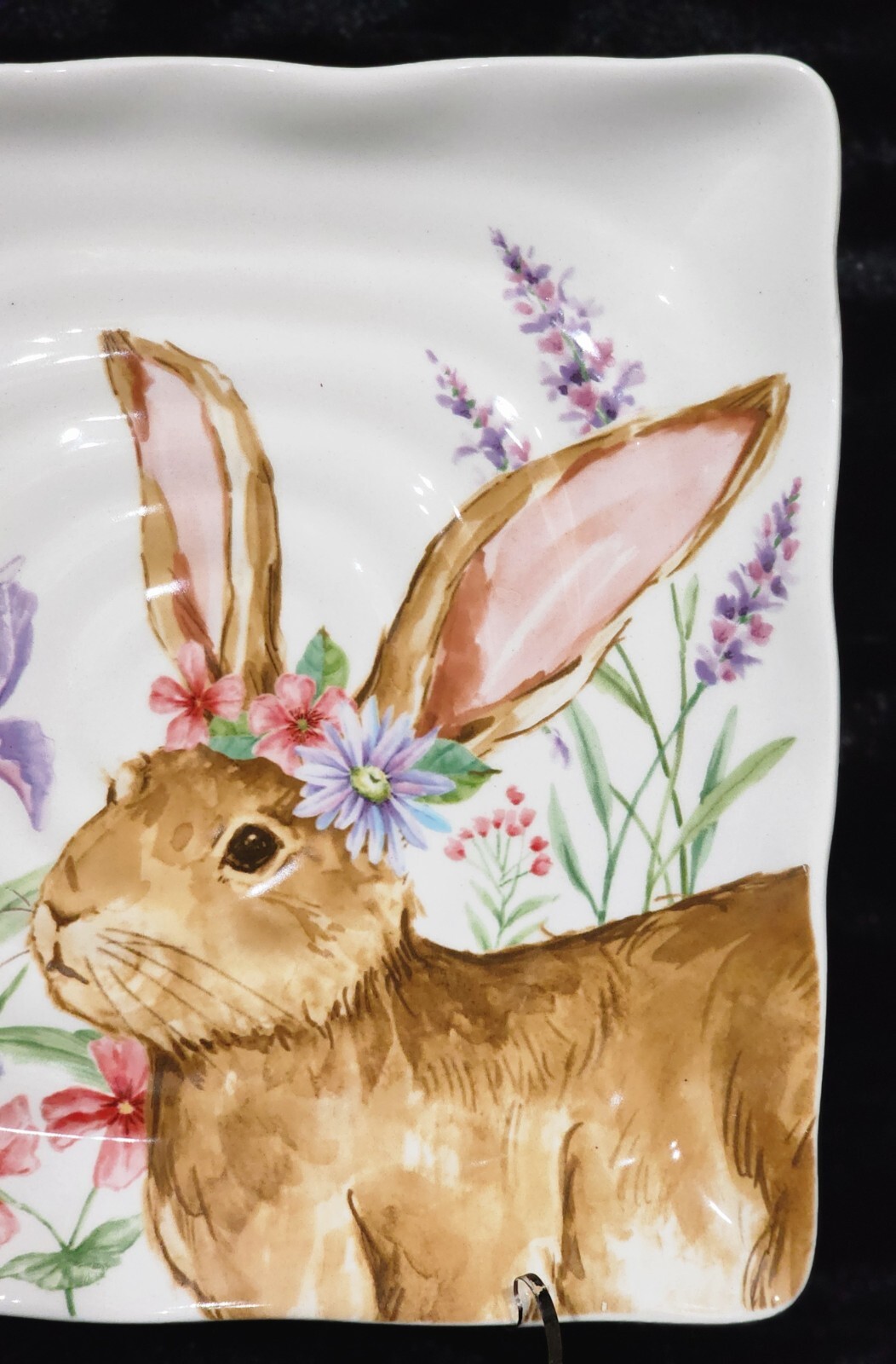 2 Easter Bunny Square Salad Plates Floral 8.75″ Ceramic Maxcera Flower Crown