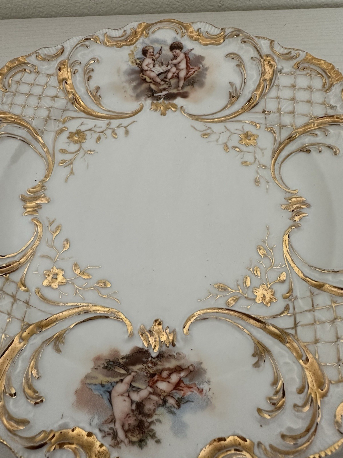 Antique Victorian Porcelain Serving Bowl Plate Cherub Angel Heavy Gold Gilt