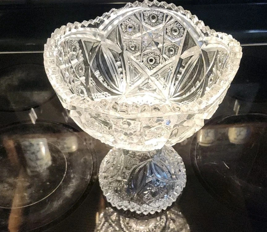 Antique Brilliant Cut Crystal Glass Eggnog Centerpiece Bowl 2 Piece Vintage